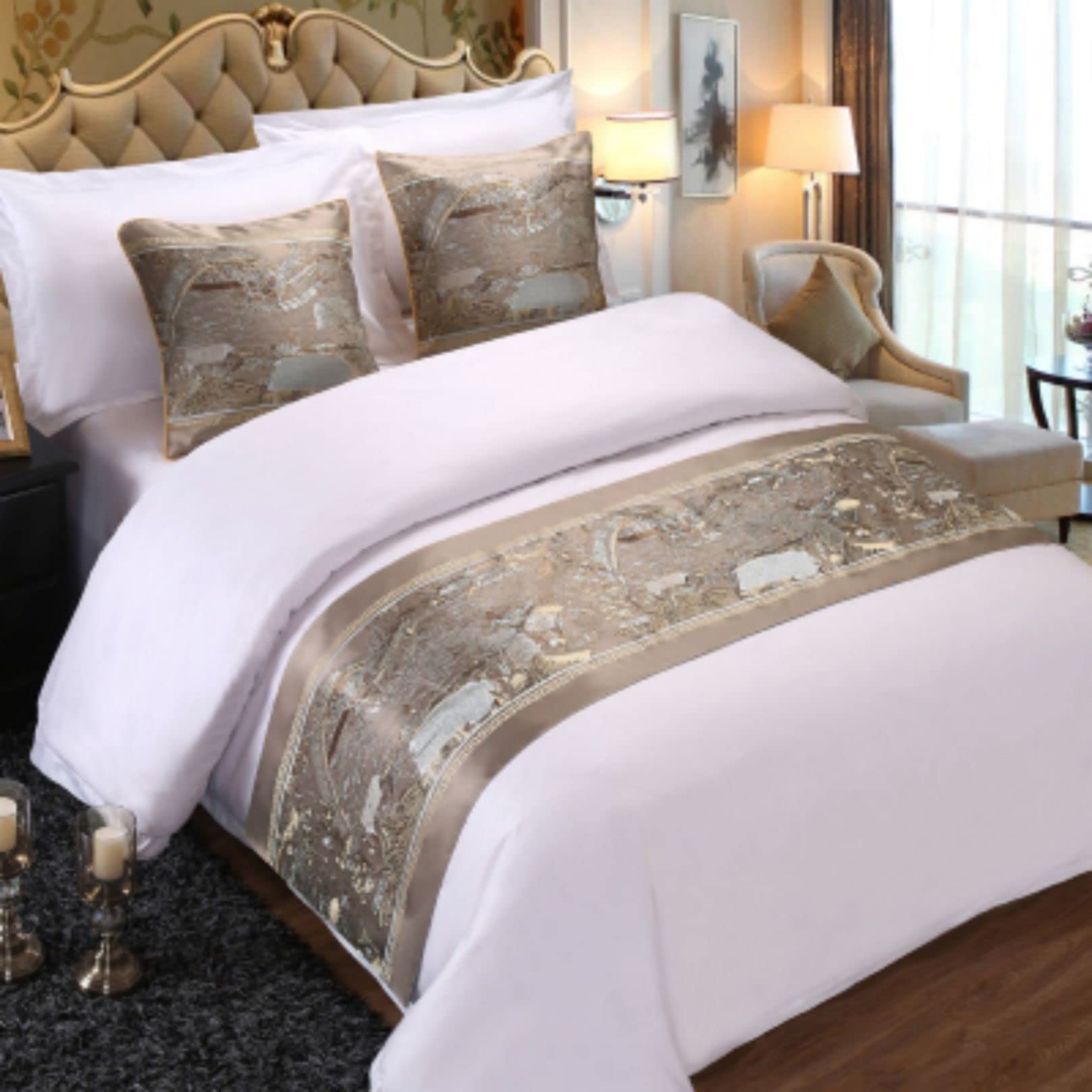 Jacquard Bed Runner for Foot of Bed - 82x20 Inch Gold Floral Bedspread Throw, Bed Scarf & End Towel Cover - Hotel & Home Bedroom Decor - Perfect for Queen Size 150cm Beds (210x50cm)