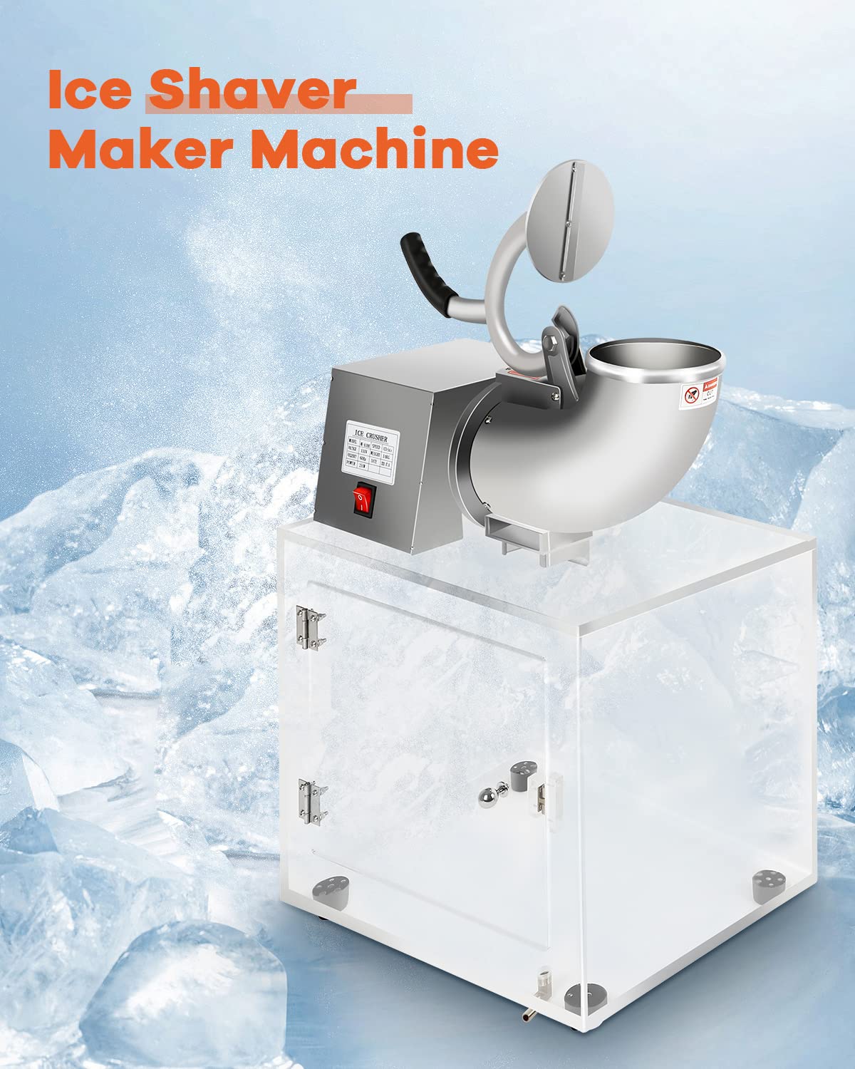 Commercial Snow Cone Machine 440lbs/hr - Stainless Steel Electric Ice Shaver with Acrylic Storage Box - 110V for Parties, Carnivals, Bars & Home Use - Perfect for Summer Events, Backyard BBQs & Small Businesses