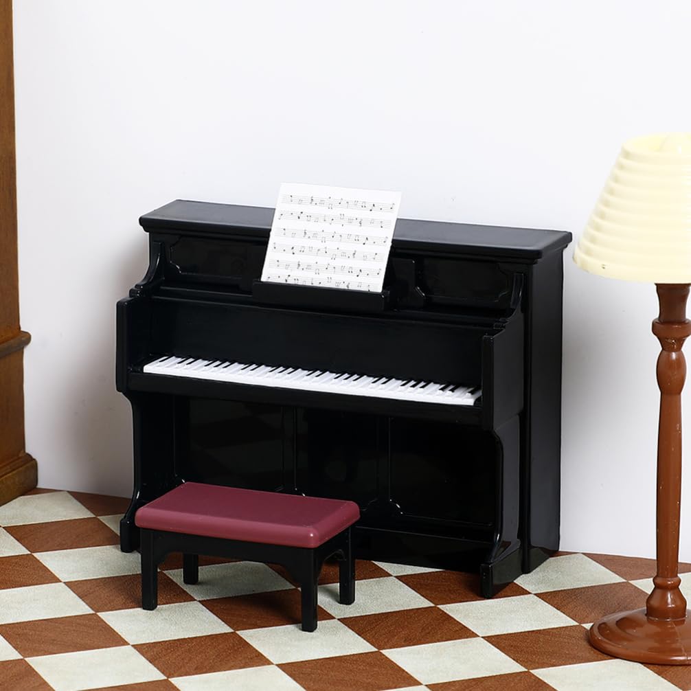Miniature Piano & Stool Set for Dollhouse - 2 Piece Tiny Musical Instrument with Sheet Music - Perfect for Dollhouse Decor, Miniature Collectibles & DIY Craft Projects