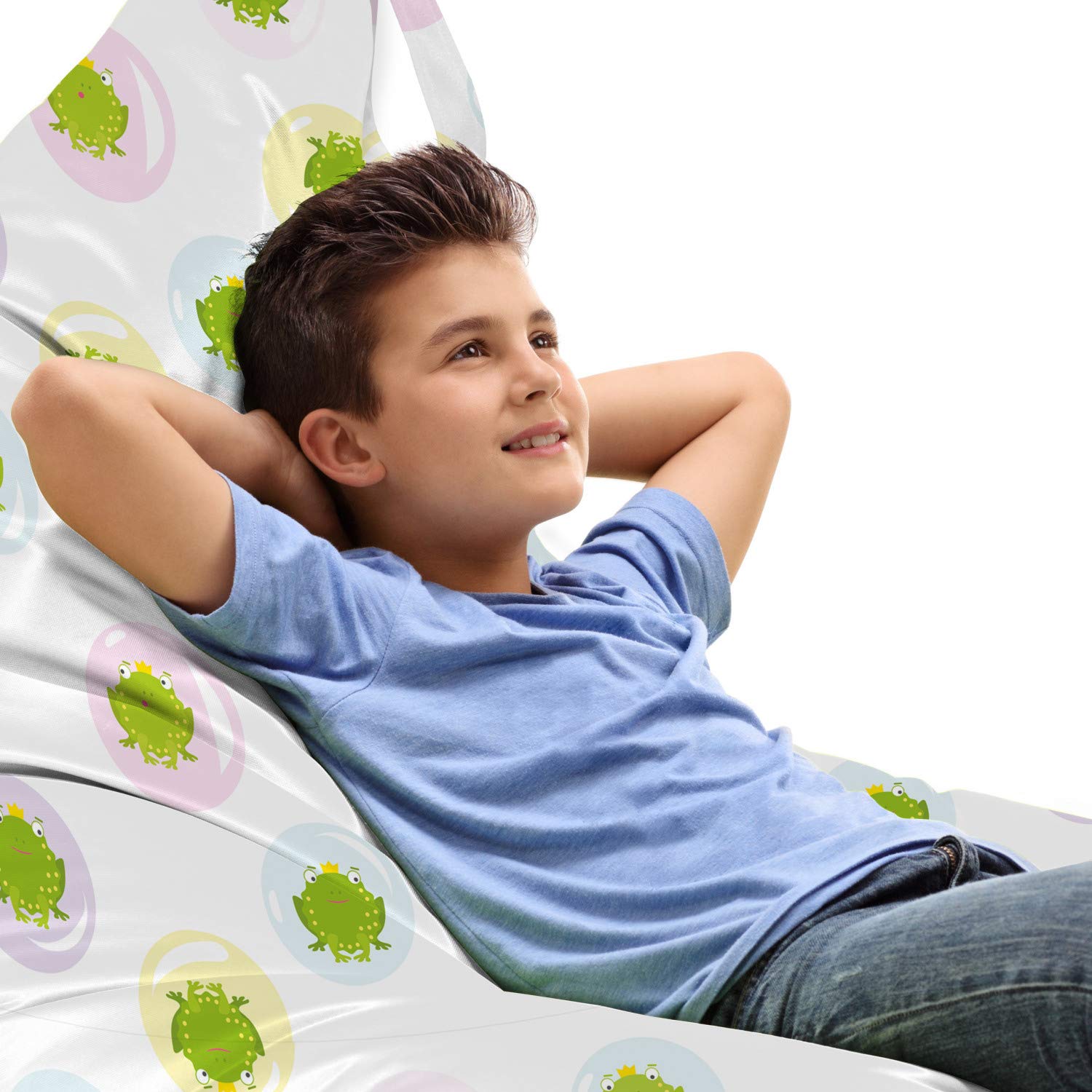 Ambesonne Cartoon Lounger Chair Bag - Frog Prince in Bubbles Theme Pastel Tones, Large Capacity Storage with Handle, Lounger Size (Yellow Green & Pale Yellow) - Perfect for Kids' Room, Nursery, or Outdoor Picnics