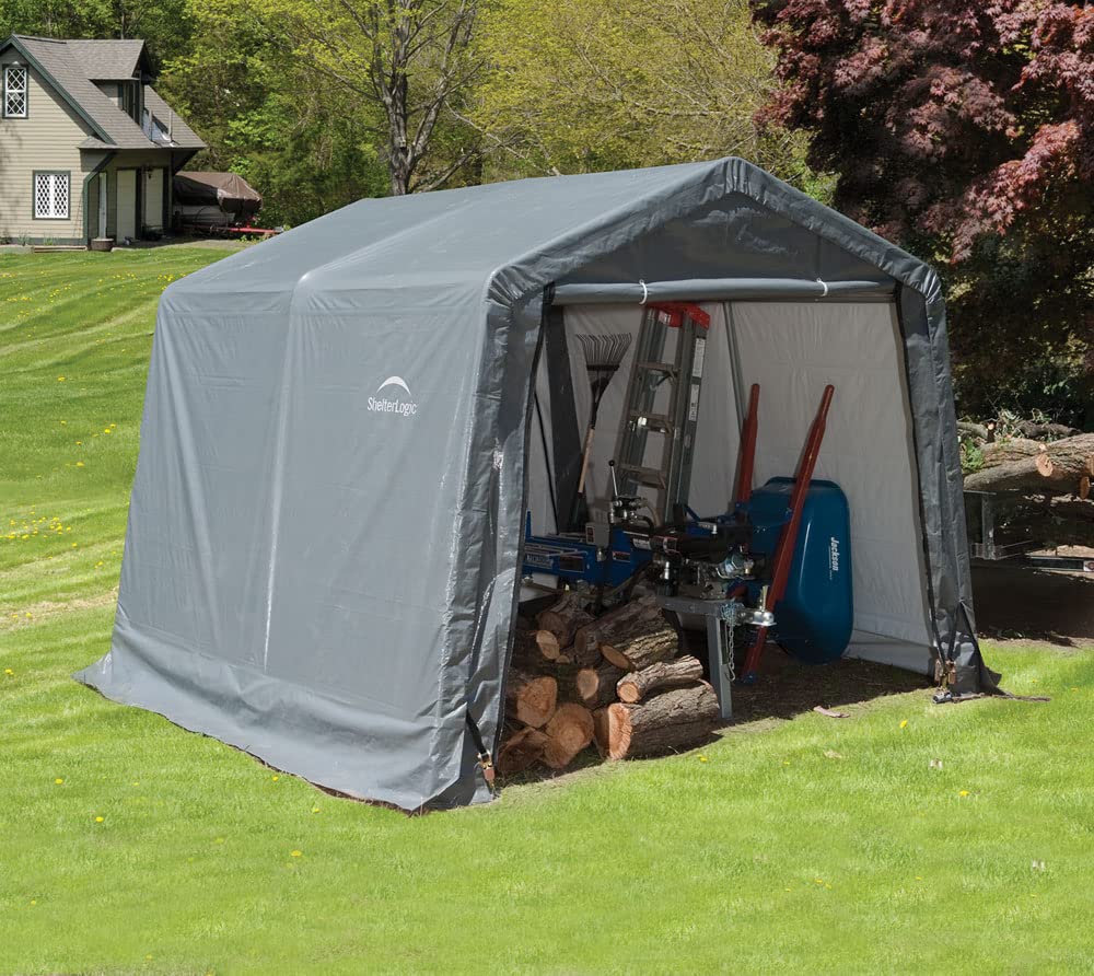 ShelterLogic 10' x 10' All-Season Steel Metal Storage Shed with Waterproof Cover - Heavy Duty Reusable Auger Anchors, Grey - Perfect for Backyard, Garden, Patio & Outdoor Equipment Storage