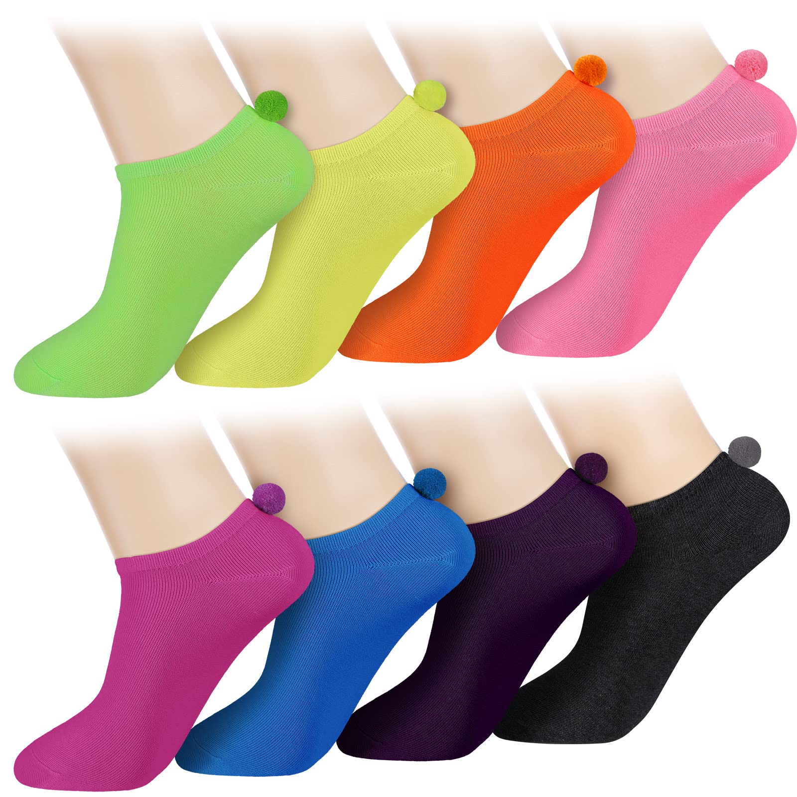 Vicenpal 8 Pairs Women's Fluffy Pom Pom Ankle Socks with Cute Balls on Back - Soft Seamless Cozy Socks for Cosplay, Winter, Christmas Gifts & Everyday Wear
