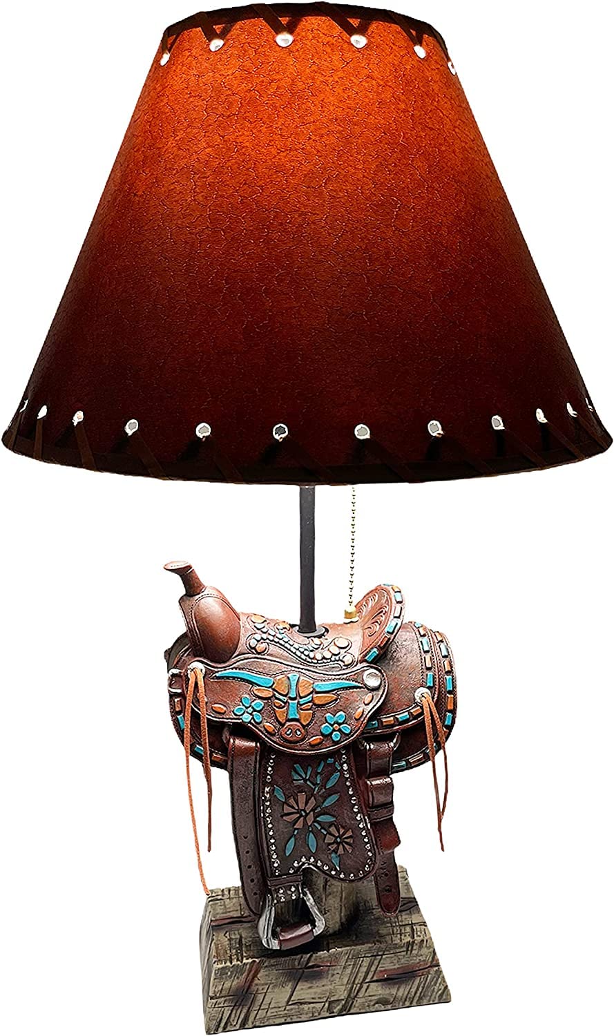 Western Brown Horse Saddle Teal Longhorn Cowboy Table Lamp - Rustic Farmhouse Decor for Bedroom, Living Room, Office & Nightstands | Western Themed Lighting for Home & Ranch Style Interiors