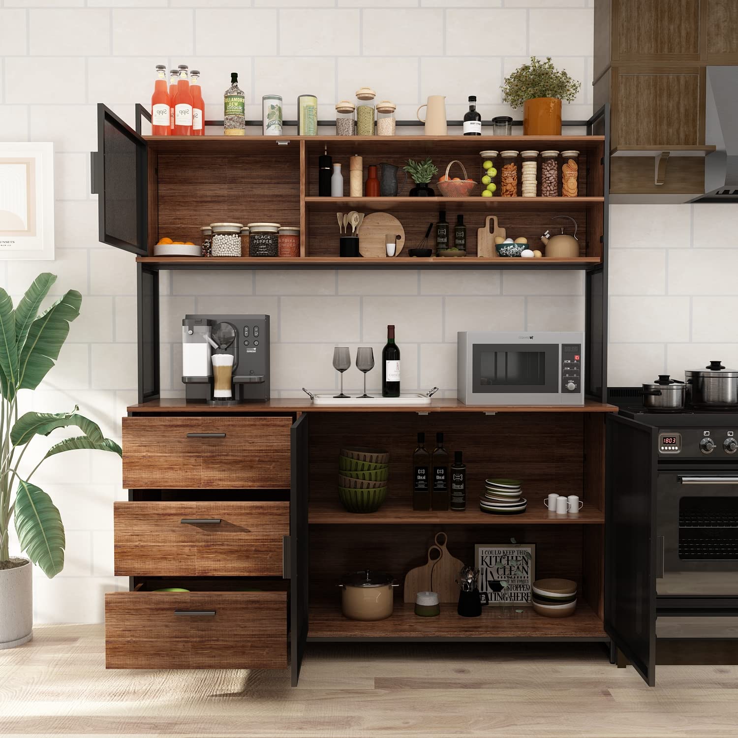 Large Kitchen Hutch Cabinet with 3 Metal Doors & 3 Drawers - Rustic Brown Pantry Storage Cupboard with Microwave Shelf (59