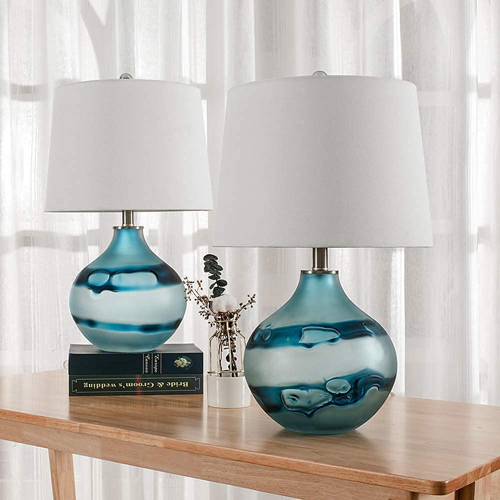 Maxax Glass Table Lamps Set of 2 - Large Blue Bedside Nightstand Lamps with White Drum Shade for Bedroom, Living Room & Office Decor | Perfect for Reading, Relaxing & Creating Ambient Lighting