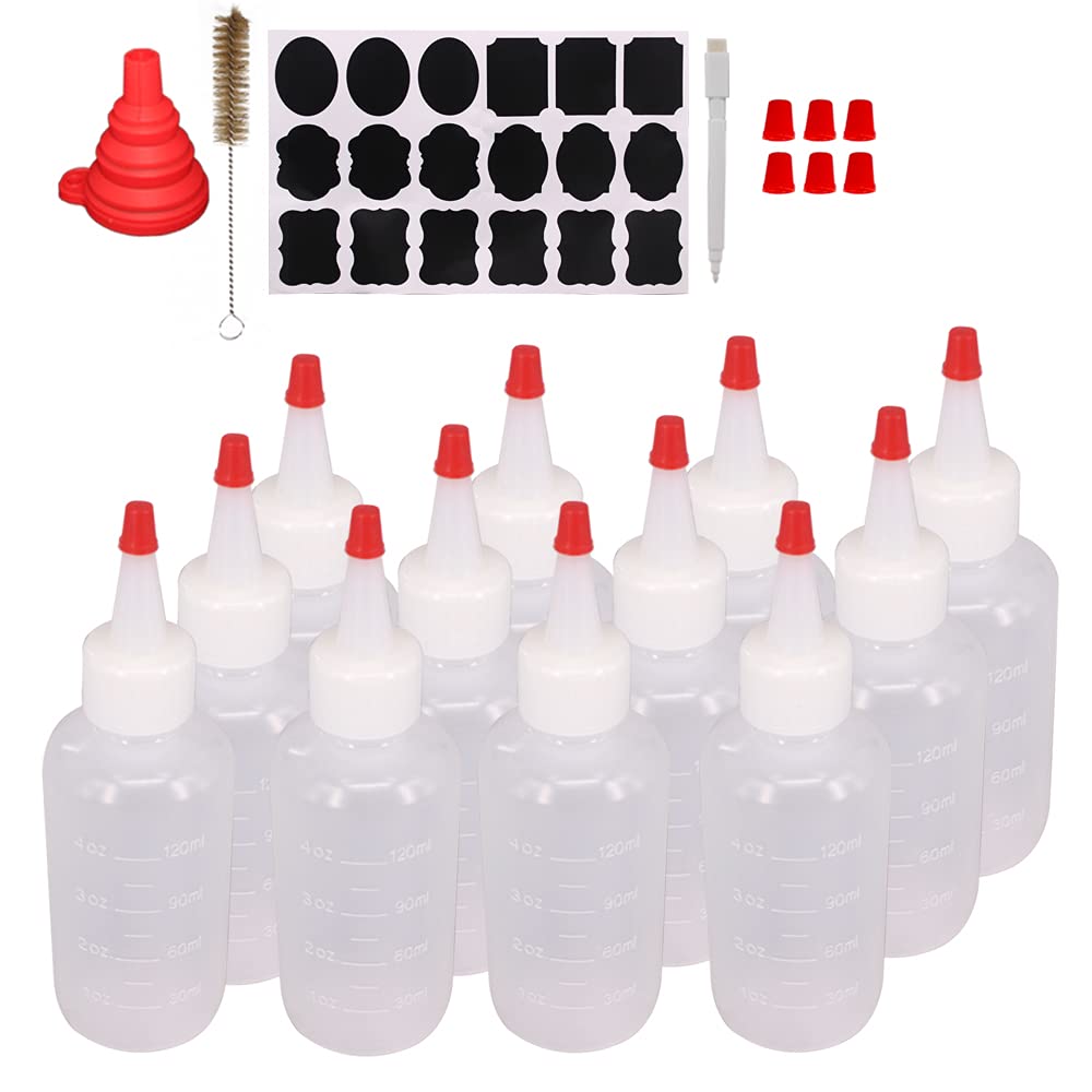 12 Pack 4-Ounce Empty Plastic Squeeze Bottles with Red Tip Caps - Multipurpose Squirt Bottles for Condiments, Sauces, Oils & Crafts (Kitchen, Restaurant, DIY Projects)