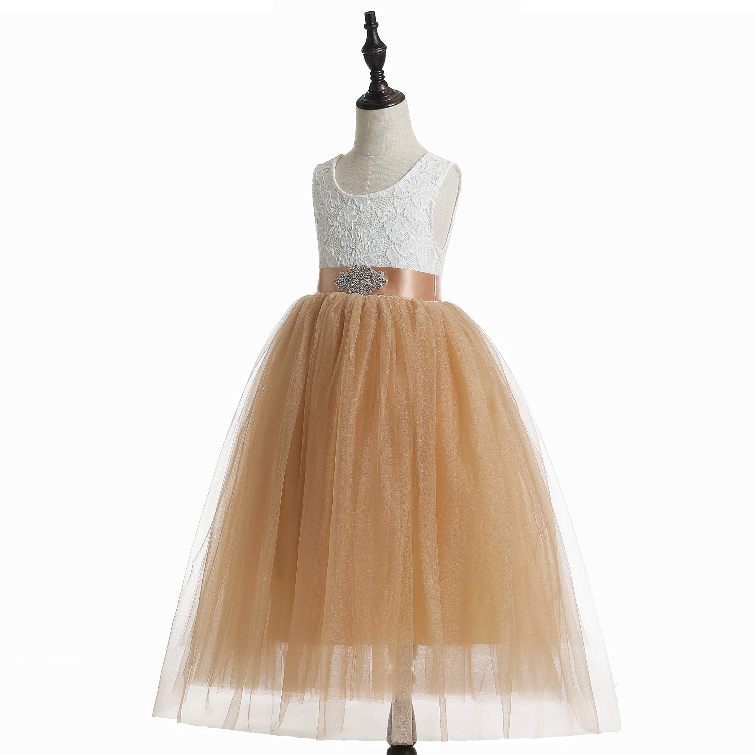 Glamulice Sleeveless Flower Girl Dress - A-Line Tulle Princess Party Gown with Lace & Backless Design for Weddings, Birthday, Pageant & Special Occasions