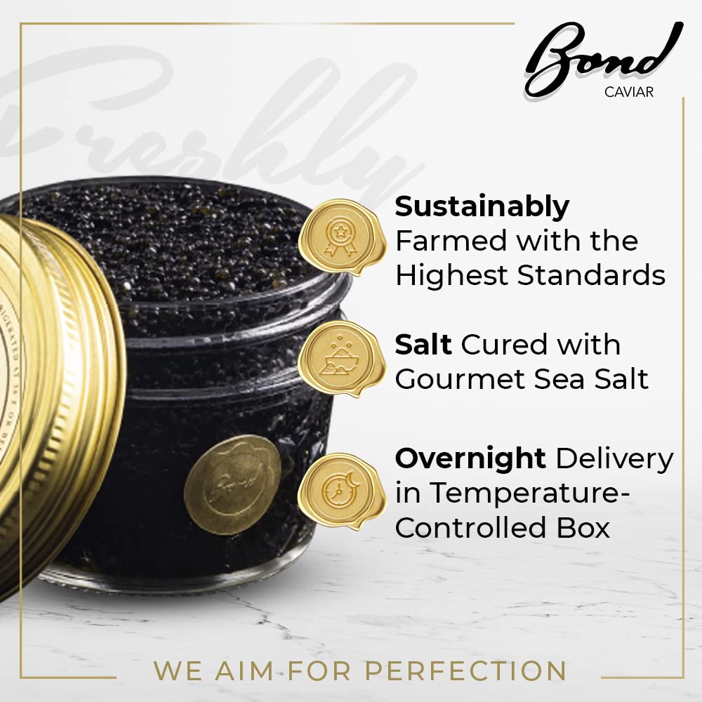 Premium Bond American Hackleback Caviar - World-Renowned Small Black Pearls, Malossol-Cured with Sea Salt - 3.5oz (100g) Glass Jar - Luxury Gourmet Gift for Weddings, Parties & Special Occasions - Perfect for Canapés, Blinis & Fine Dining Experiences