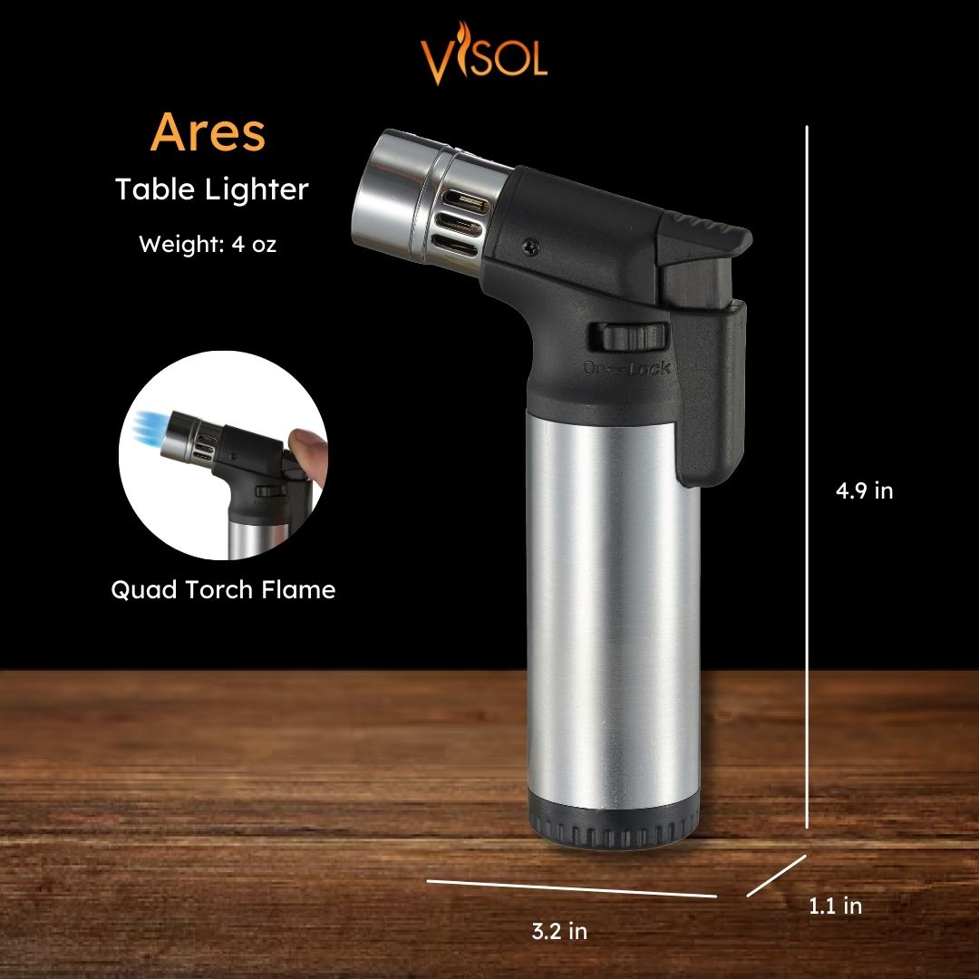 Premium Ares Quad Torch Cigar Lighter - Silver Finish | Windproof Butane Lighter for Cigars, Cigarettes & Outdoor Use | Perfect for Smoking, Camping & BBQ Accessories