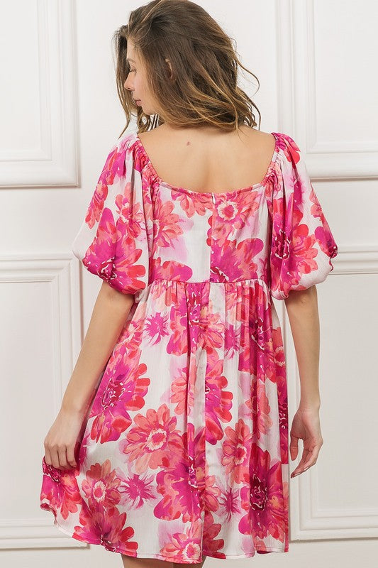 Pink Floral Square Neck Puff Sleeve Mini Summer Dress - Women's Flowy Casual Sundress for Beach, Vacation & Date Night