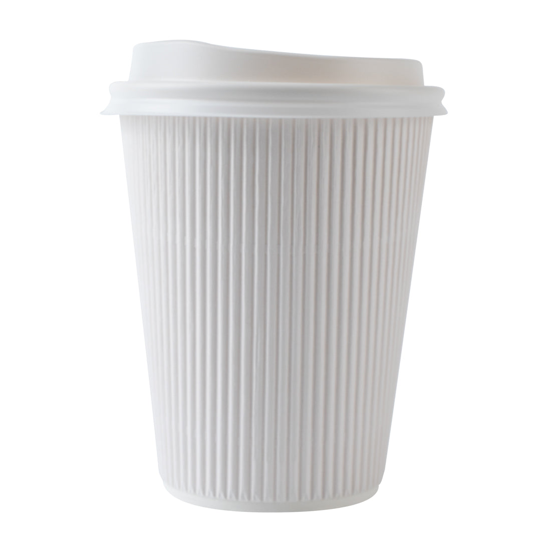 12 oz White Paper Ripple Wall Coffee Cups with White Lids - 3.5