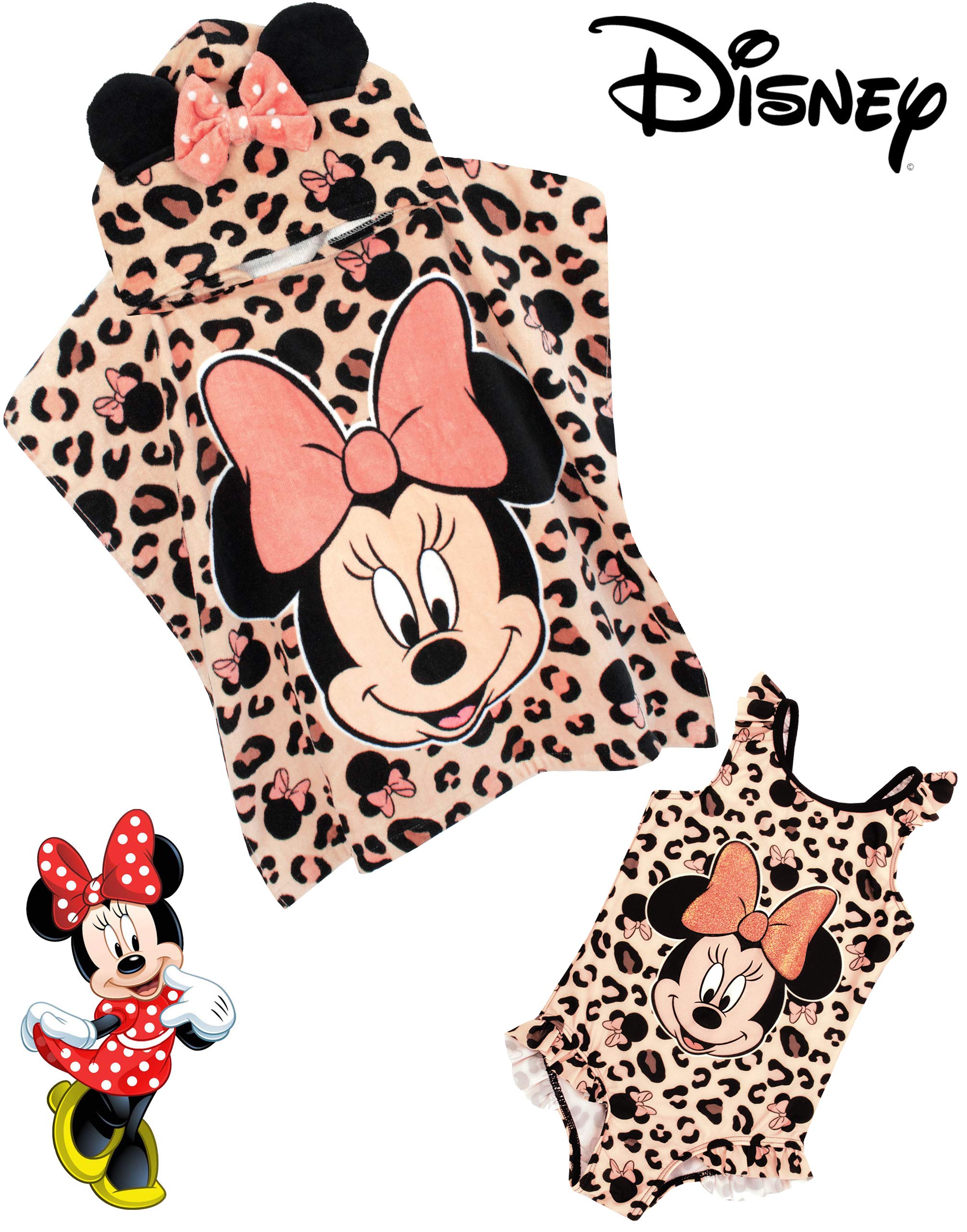 Disney Minnie Mouse Girls' Swimsuit & Hooded Towel Poncho Set - Cute Beachwear for Toddler & Kids Swimming, Pool Party, Summer Vacation Outfits