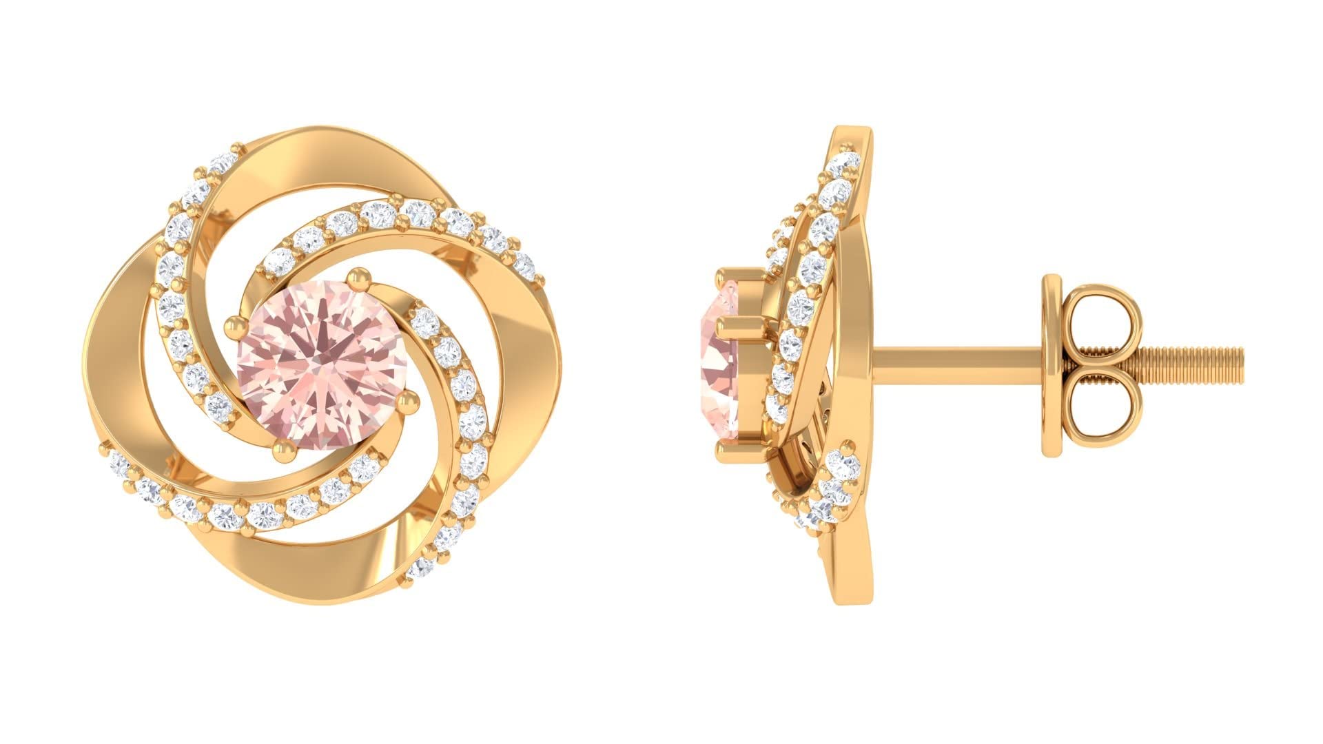 14K Solid Gold Morganite Stud Earrings for Women - October Birthstone, Peach Morganite & Moissanite Swirl Earrings | Perfect for Weddings, Anniversaries & Everyday Elegance