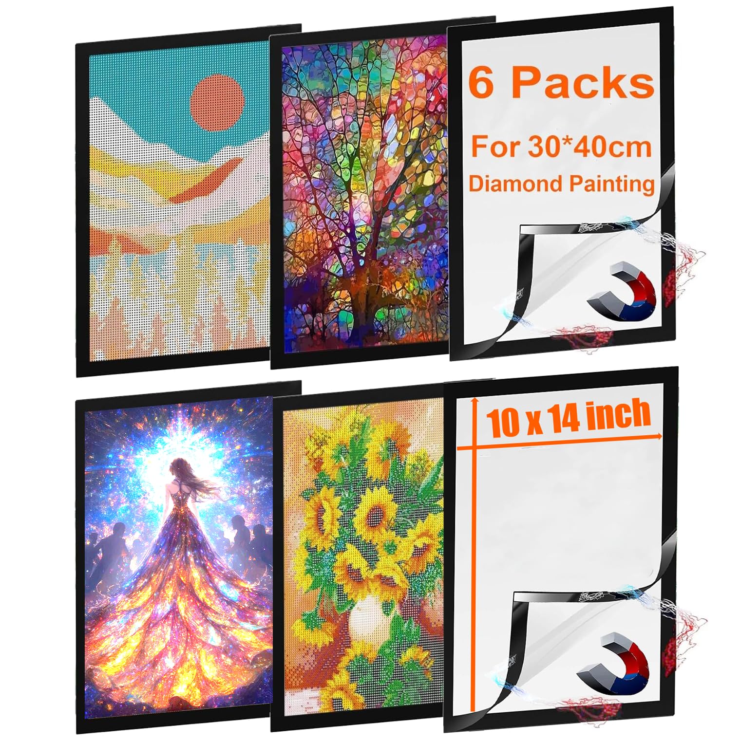 6 Pack Diamond Painting Frames 12x16 Inch (30x40cm) - Magnetic Self-Adhesive Poster Frames for Wall Art, Home & Office Decor - Perfect for DIY Diamond Art Kits, Wall Display & Gift Giving (Black)