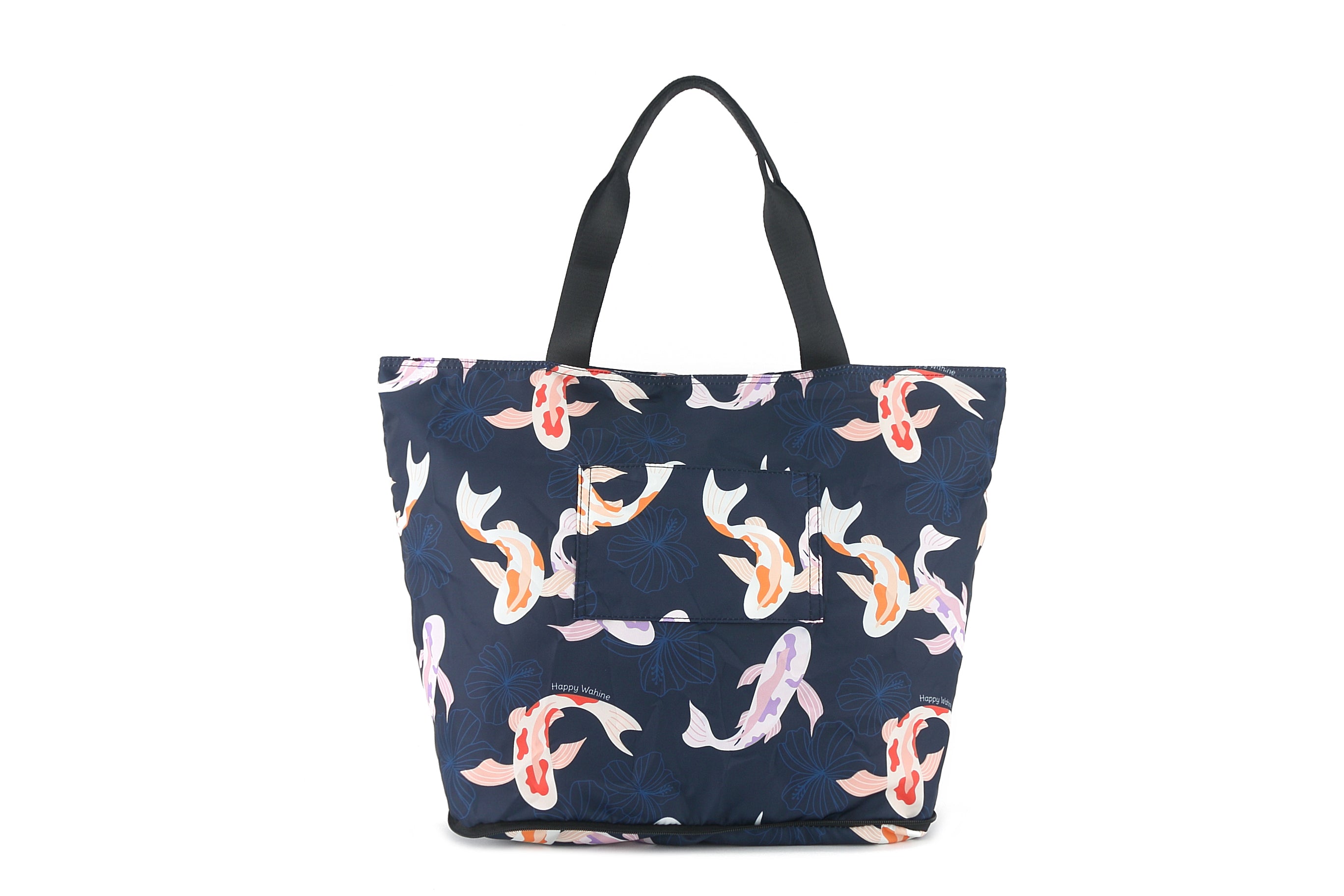 Foldable Tote Bag - James Koi Navy Blue Design - Lightweight & Waterproof Shopping Bag for Groceries, Beach, Travel & Daily Use