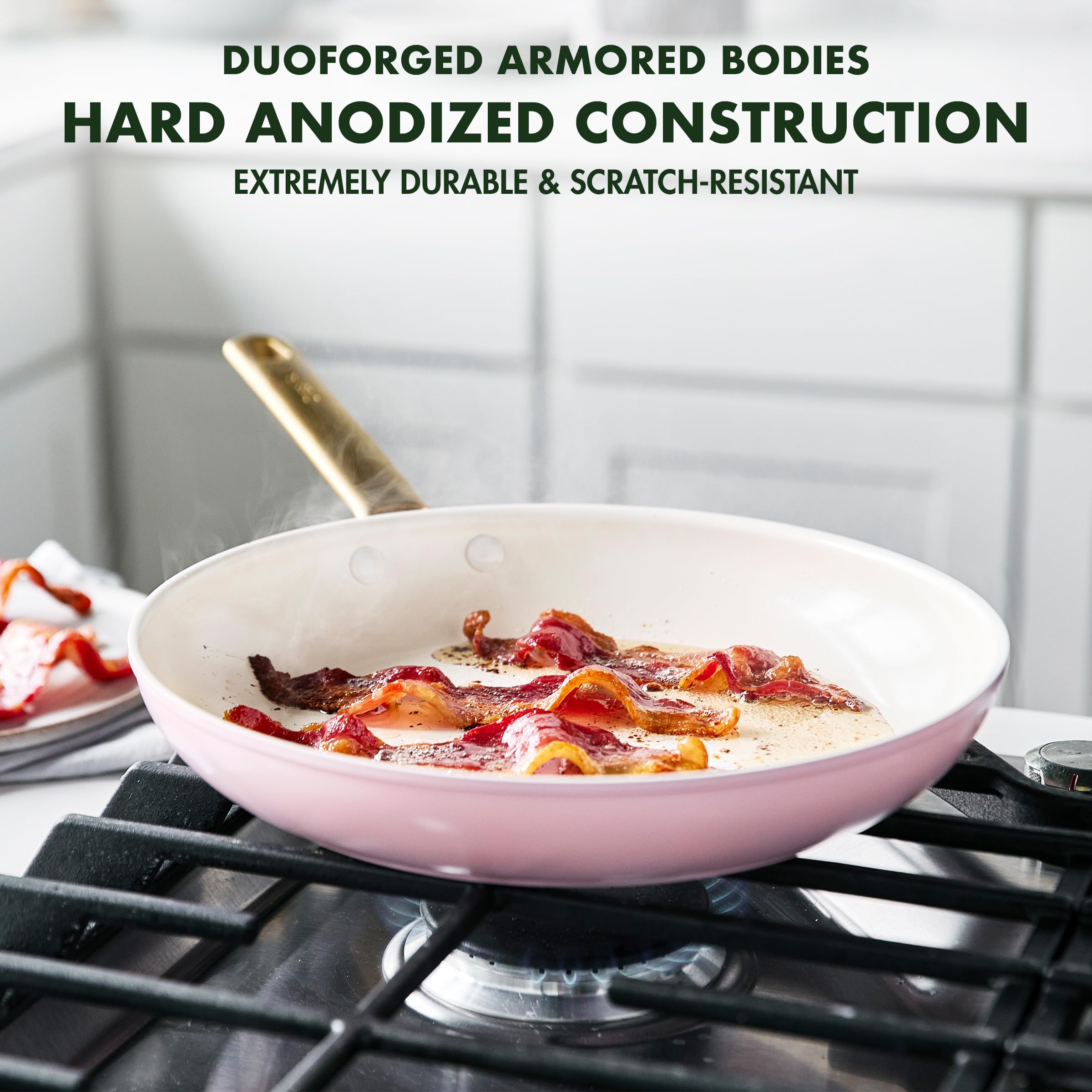 GreenPan Reserve Hard Anodized Healthy Ceramic Nonstick 20cm & 26cm Frying Pan Skillet Set - PFAS-Free, Induction & Oven Safe Cookware with Gold Handle (Blush Pink) - Perfect for Healthy Cooking, Sautéing & Frying in Modern Kitchens
