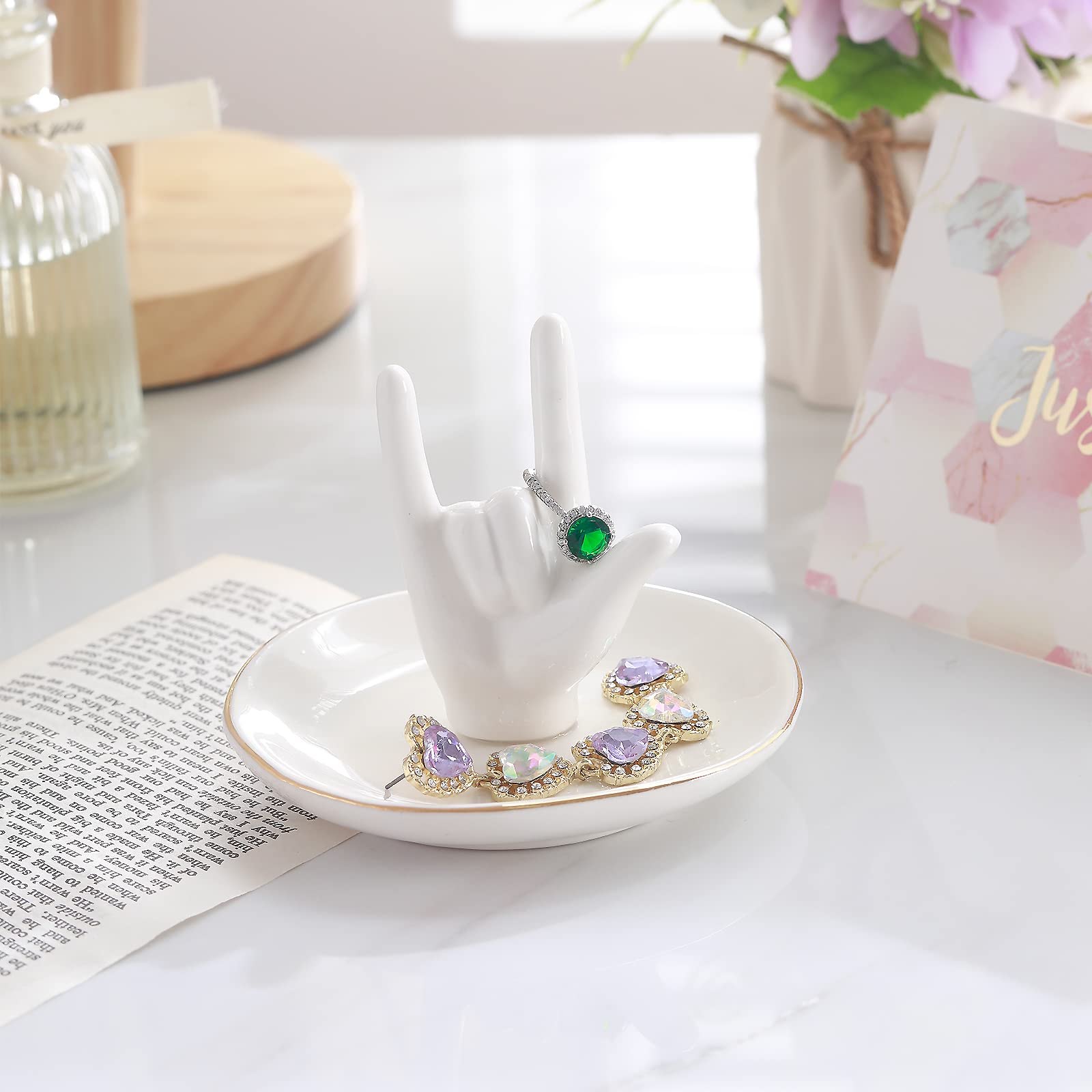 PUDDING CABIN Ceramic Ring Holder - I Love You Hand Jewelry Dish, Perfect for Valentine's Day, Wedding, Birthday & Mother's Day Gifts for Women | Elegant Jewelry Organizer for Dresser, Vanity & Home Decor
