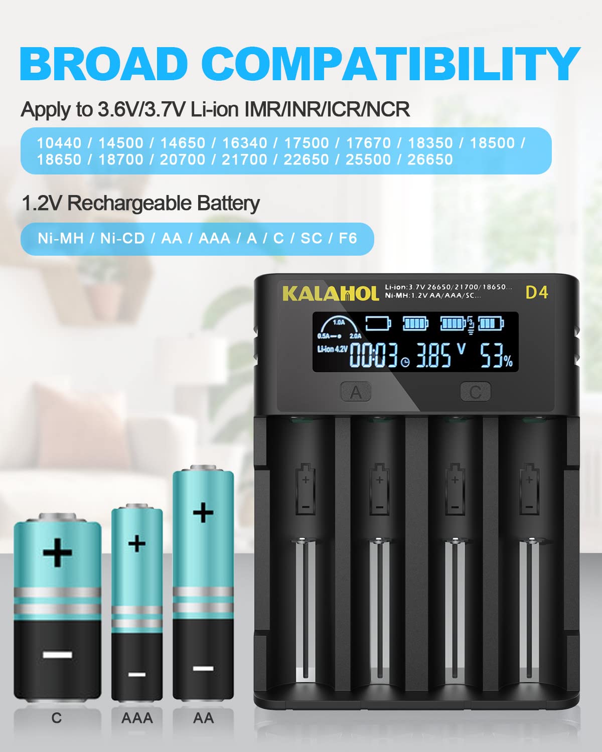 18650 Battery Charger - KALAHOL 4-Slot Universal Fast Charger with LCD Display for Li-ion 18650/26650 & Ni-MH/Ni-Cd AA/AAA Batteries | Micro USB Powered | Perfect for Flashlights, Vapes, Cameras & Electronic Devices