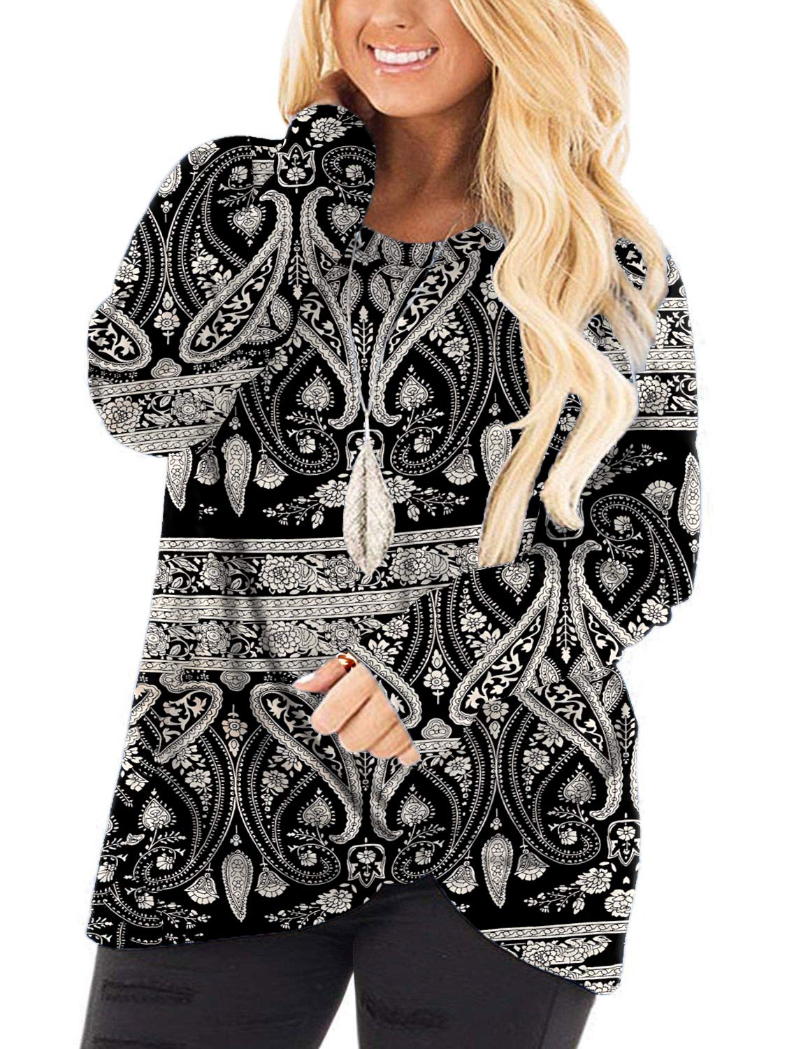 DOLNINE Women's Plus Size Knotted Long Sleeve T-Shirt - Loose Casual Blouse for Everyday Wear, Work & Weekend Outfits