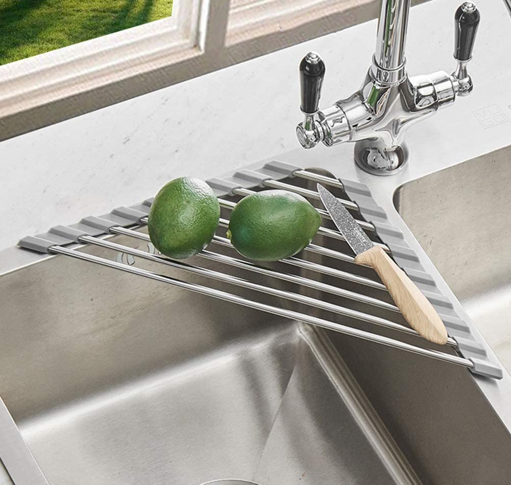 Stainless Steel Triangle Dish Drying Rack for Kitchen Sink Corner - Space Saving Roll Up Drainer Mat for Dishes, Utensils & Sponges - Perfect for Small Kitchens, Apartments & RV Use (Grey)