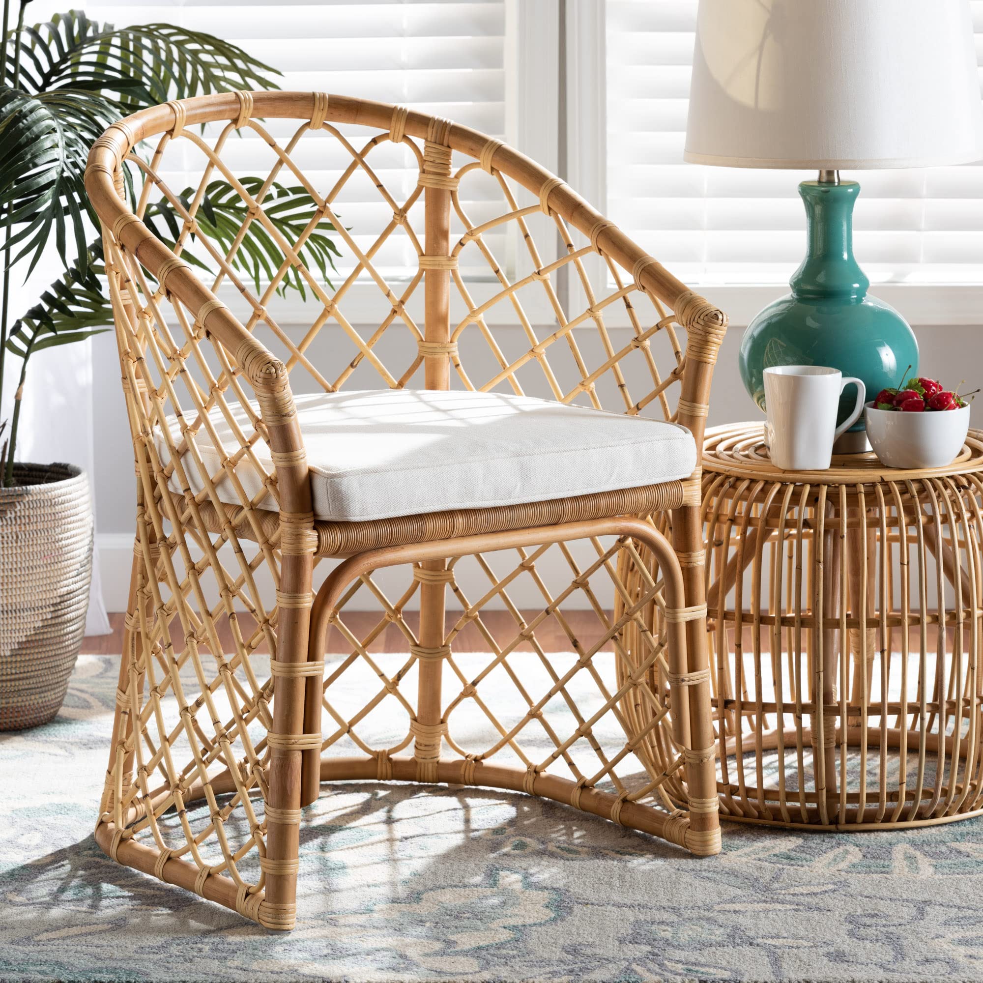 Baxton Studio Orchard Dining Chair - White Fabric Upholstered with Natural Brown Rattan - Modern Kitchen & Dining Room Furniture for Home Decor