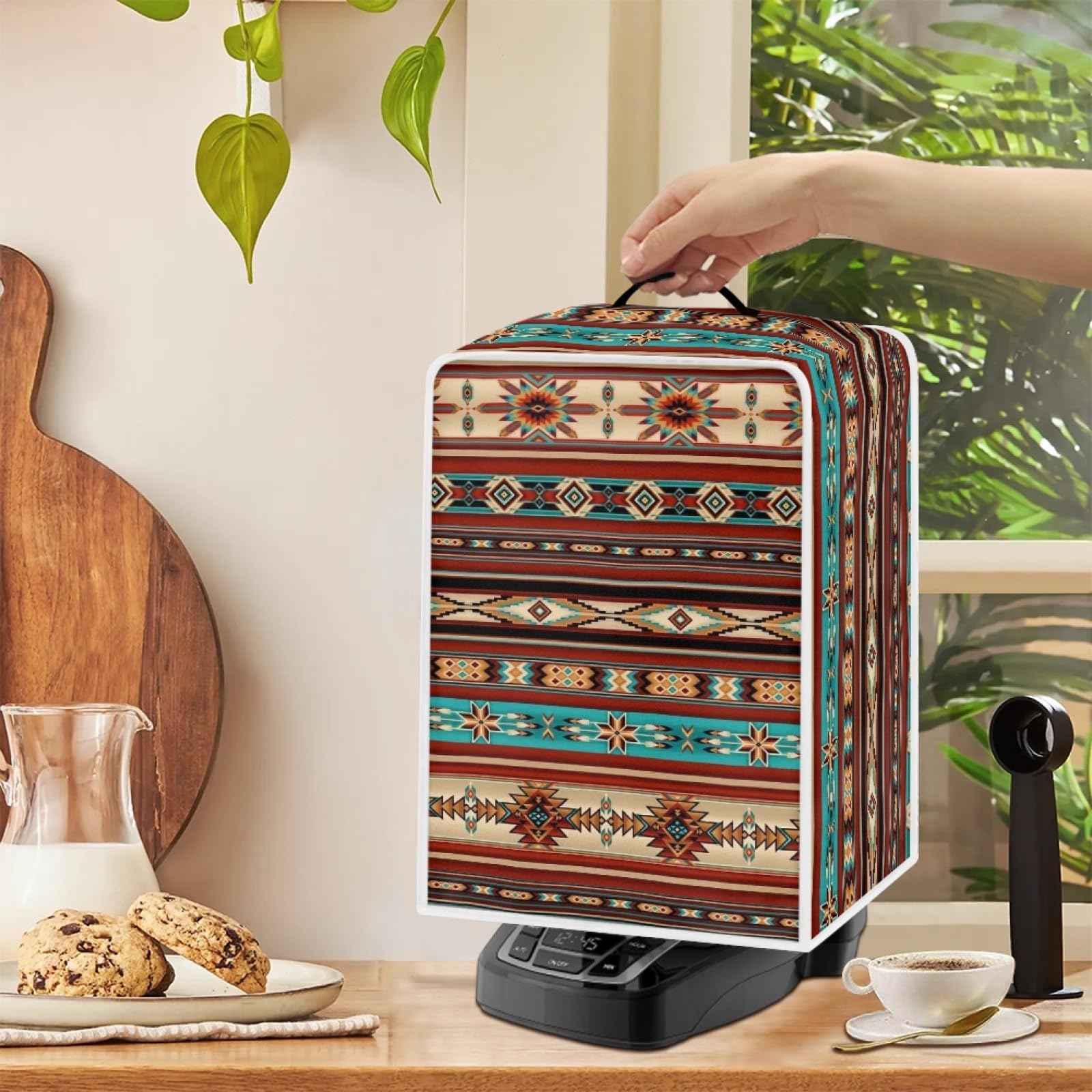Tribal Native Aztec Stripe Coffee Machine Cover - Southwestern Style Protective Cover with Top Handle for Coffee Makers, Blenders & Mixers | Easy Care & Washable | Perfect for Kitchen, Office & Dorm Decor