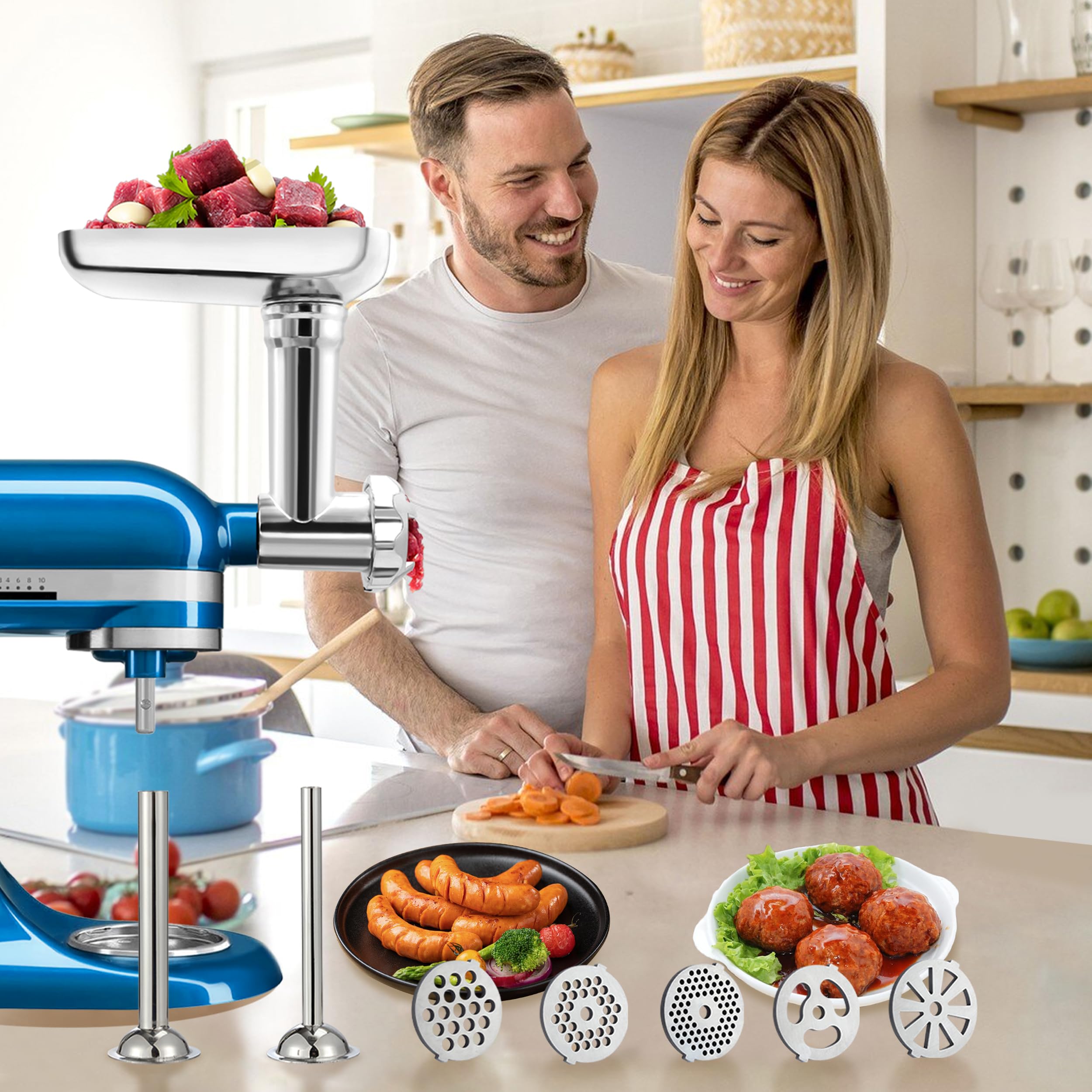 Heavy Duty Metal Meat Grinder Attachment for KitchenAid Stand Mixer - 5 Grinding Plates, Sausage Stuffer Tube - Perfect for Homemade Burgers, Sausages & Pet Food - Compatible with KitchenAid Food Processor Accessories