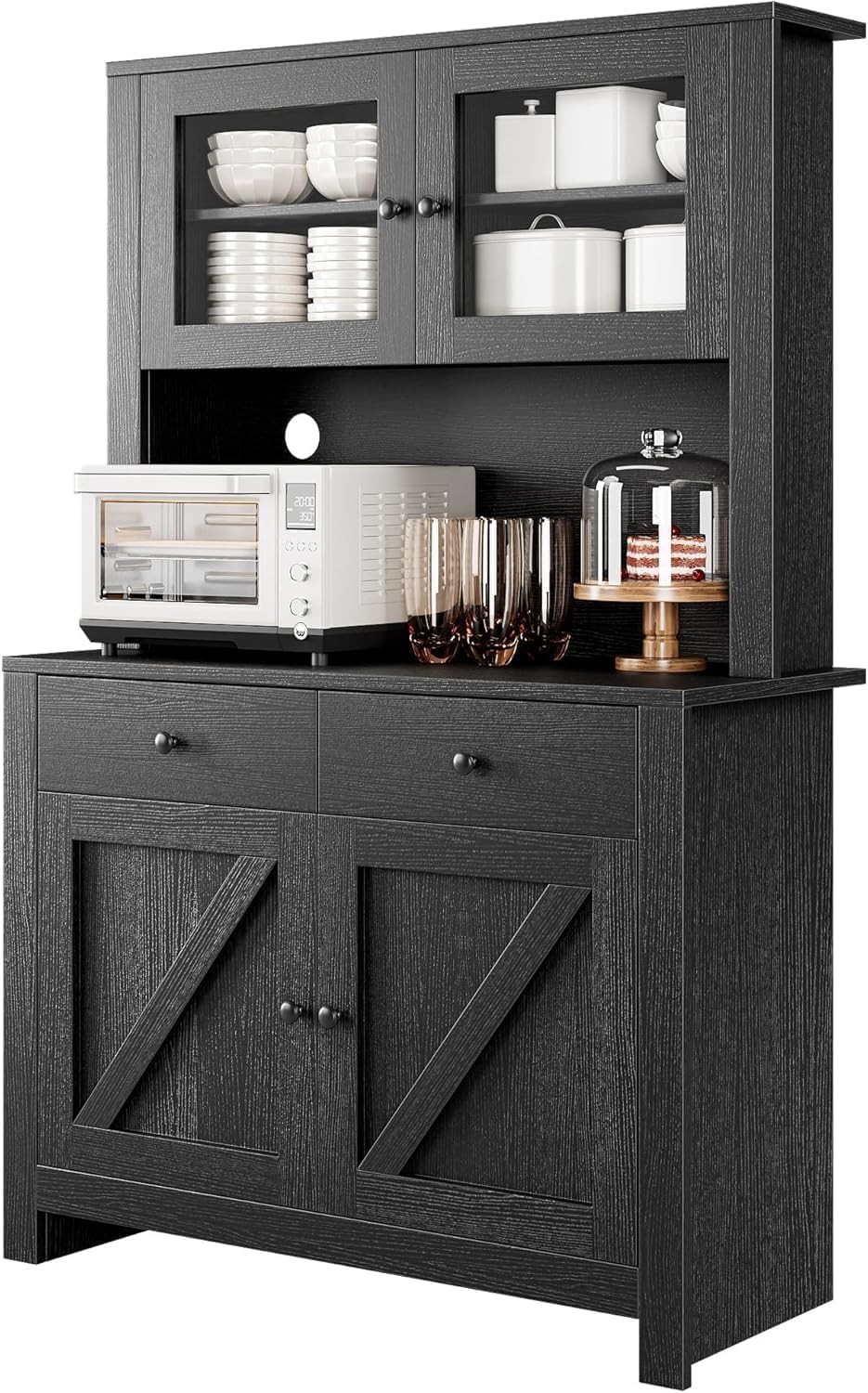 Freestanding Kitchen Pantry Cabinet with Microwave Stand & Adjustable Shelves - Buffet Hutch Cupboard for Dining Room & Kitchen Storage - Black (Ideal for Small Spaces & Apartment Living)