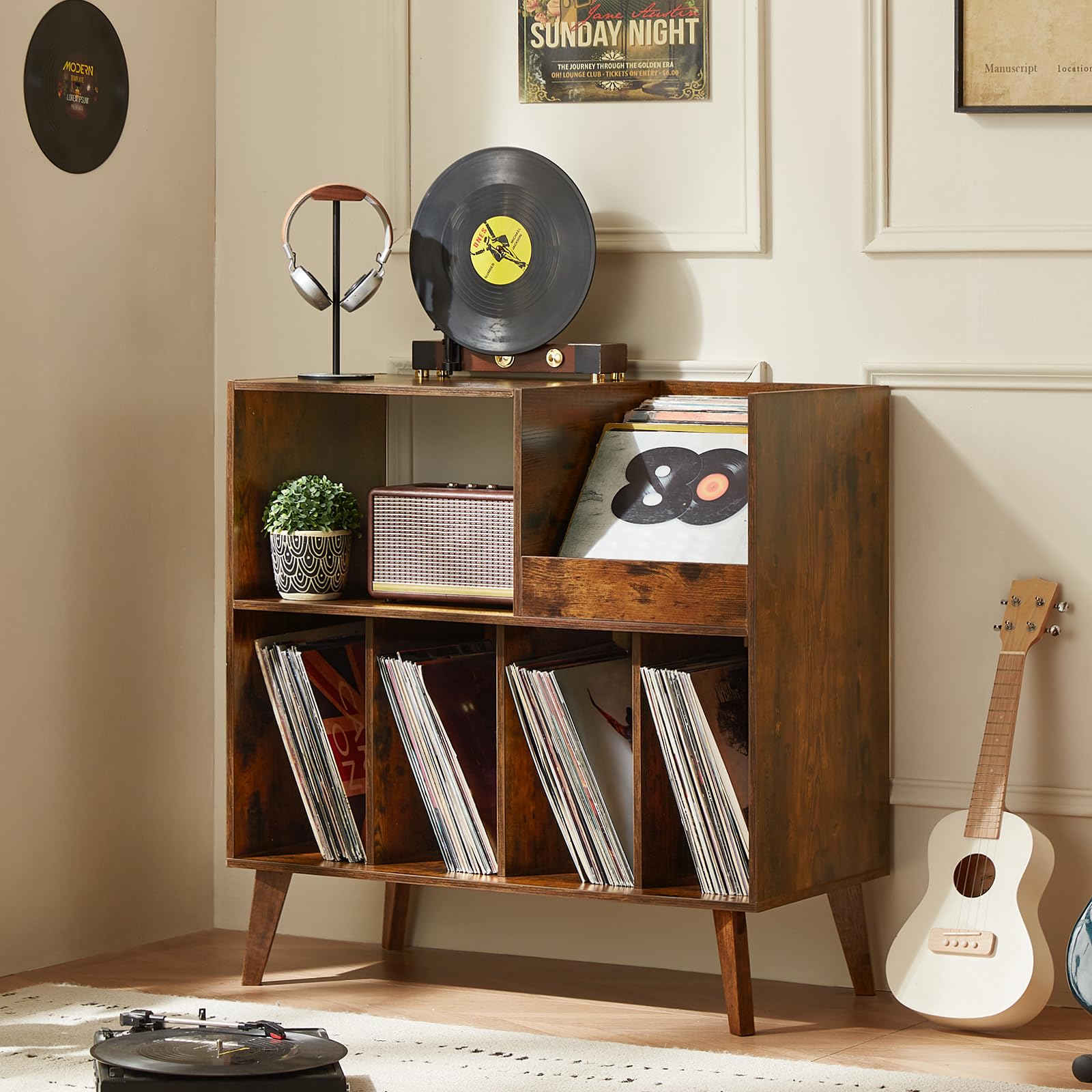 LELELINKY Large Wooden Record Player Stand with Storage - Holds 300 Vinyl Albums, Turntable Display Shelf for Living Room & Music Room - Perfect for Vinyl Collectors & Audiophiles (Brown)