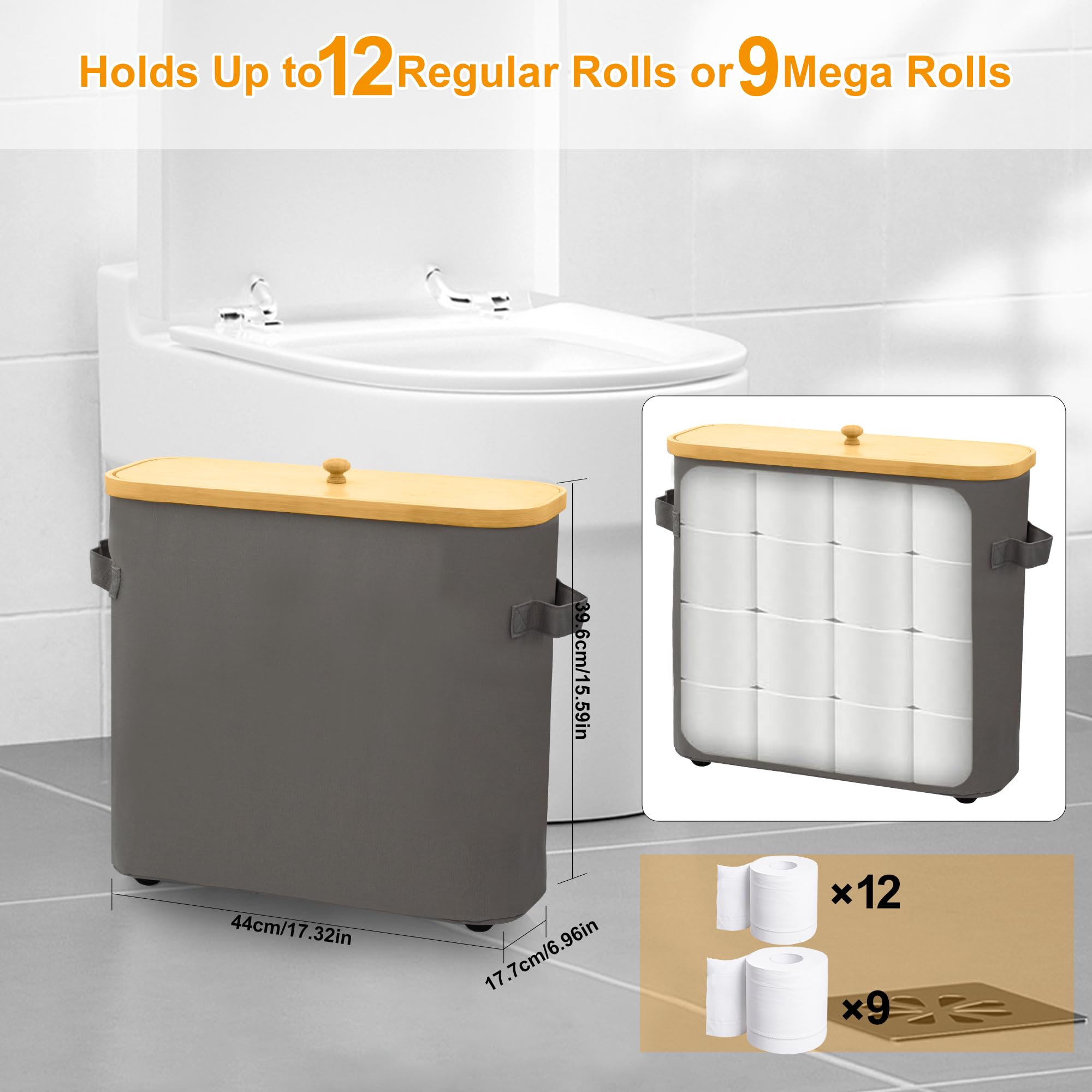 MinBoo Bamboo Toilet Paper Storage Basket with Lid - Bathroom Tissue Holder Organizer with Handle, Gray - Perfect for Bathroom, Toilet, Vanity & Home Decor Storage