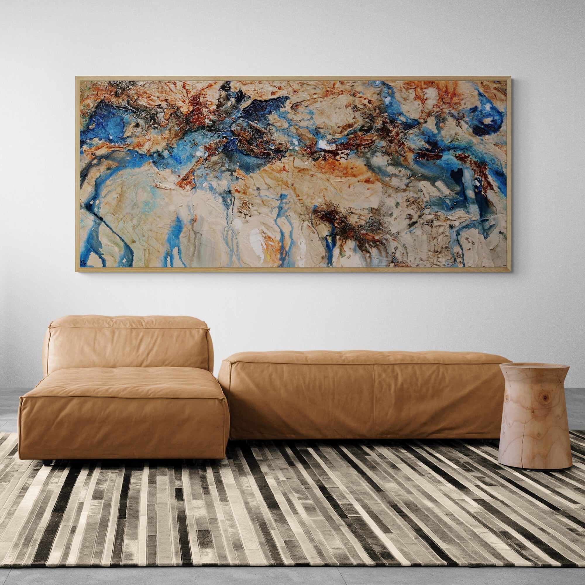 240cm x 100cm Cream Blue Textured Abstract Canvas Wall Art - Modern Australian Painting for Living Room & Bedroom Decor