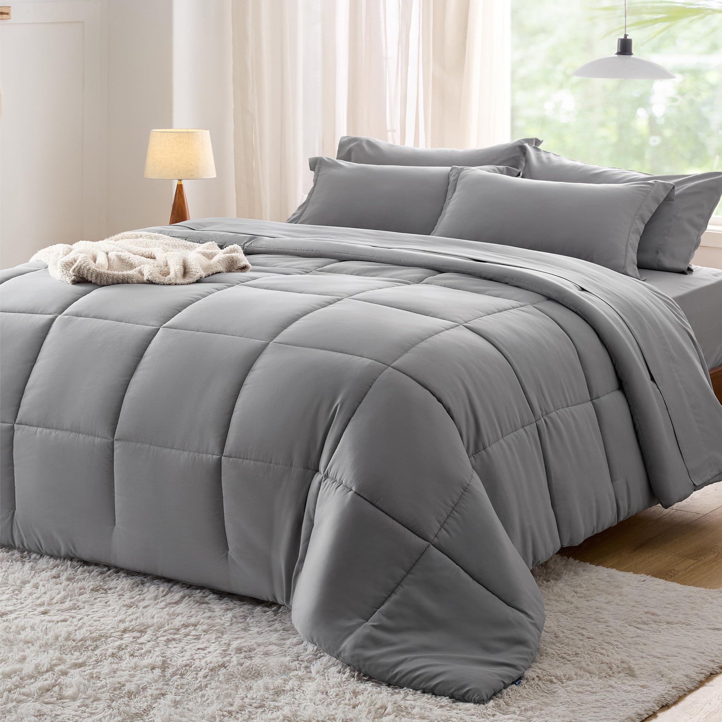 Bedsure Grey 7-Piece Queen Comforter Set - Soft Solid Bed in a Bag Includes Comforter, Sheets, Pillowcases & Shams | Perfect for Cozy Bedroom Decor & Guest Room Essentials