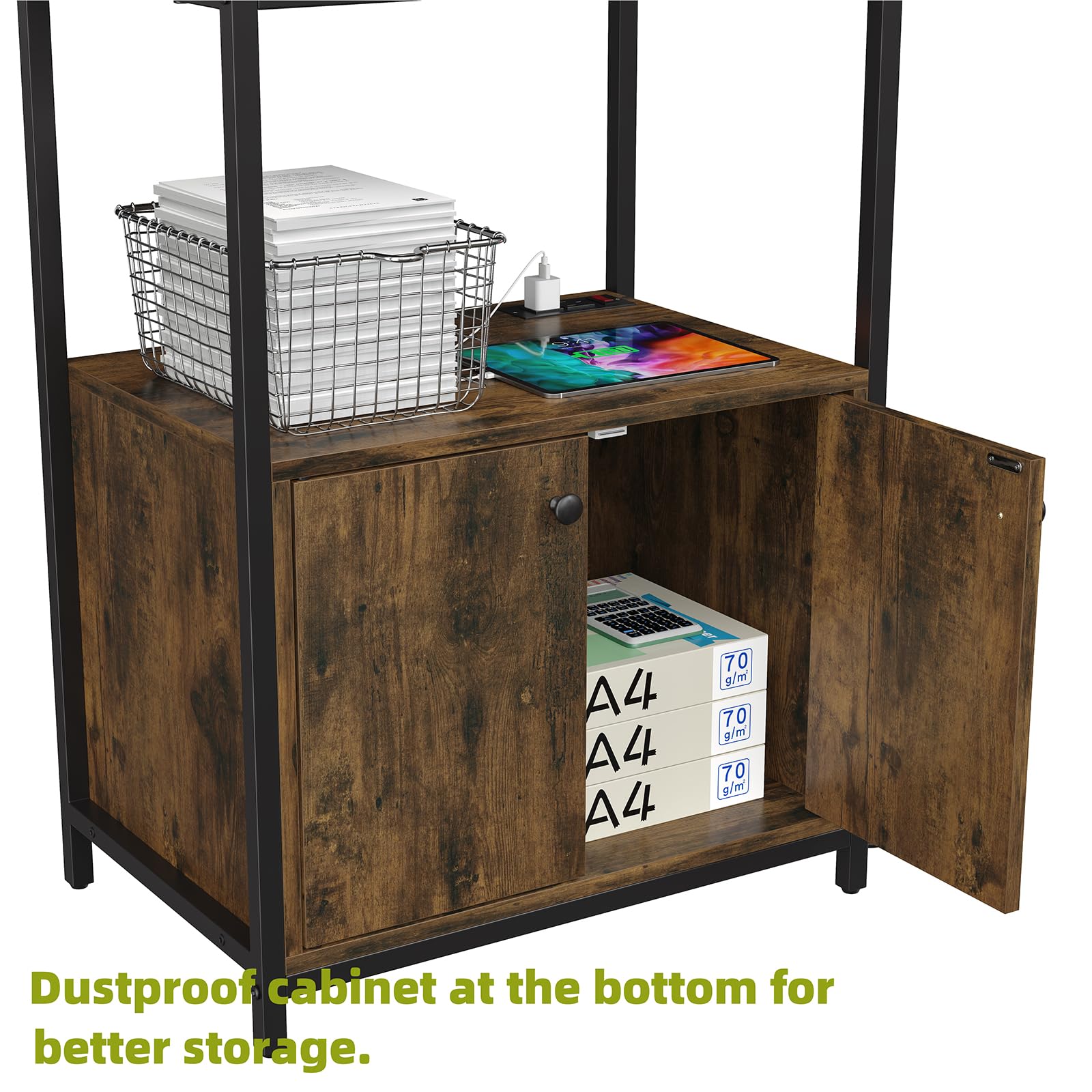 Industrial 5-Tier Kitchen Bakers Rack with Power Outlet & Storage - Rustic Brown for Coffee Bar & Microwave Stand