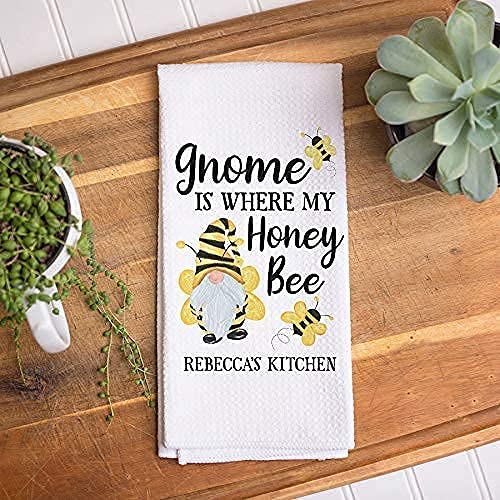 Personalized Gnome & Honey Bee Kitchen Towel - Custom Bee Themed Dish Towel for Summer Kitchen Decor | Seasonal Home Accessories | Housewarming Gift Idea for Friends | Perfect for Farmhouse Kitchens & Bee Lovers