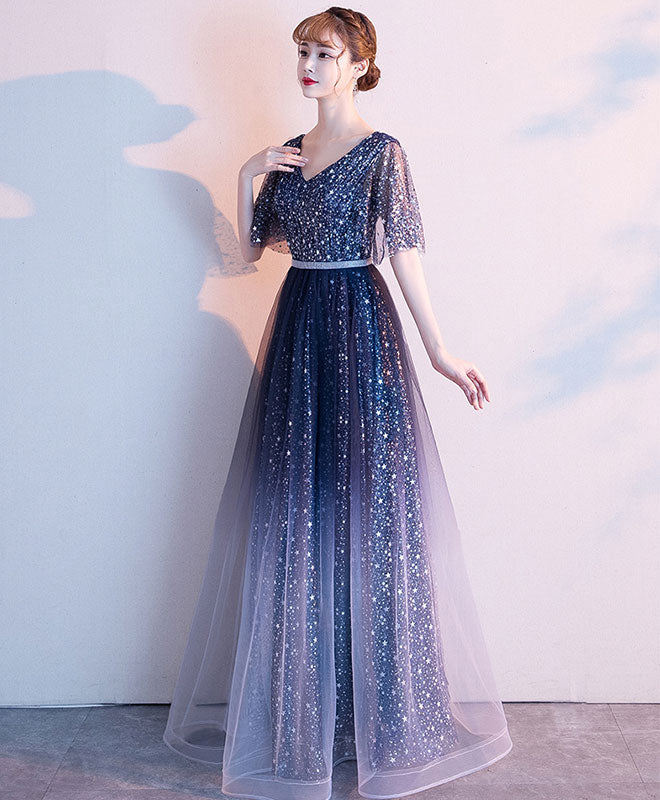 Elegant Blue Tulle Sequin Long Prom Dress for Women - Formal Evening Gown for Homecoming, Ball, and Special Occasions