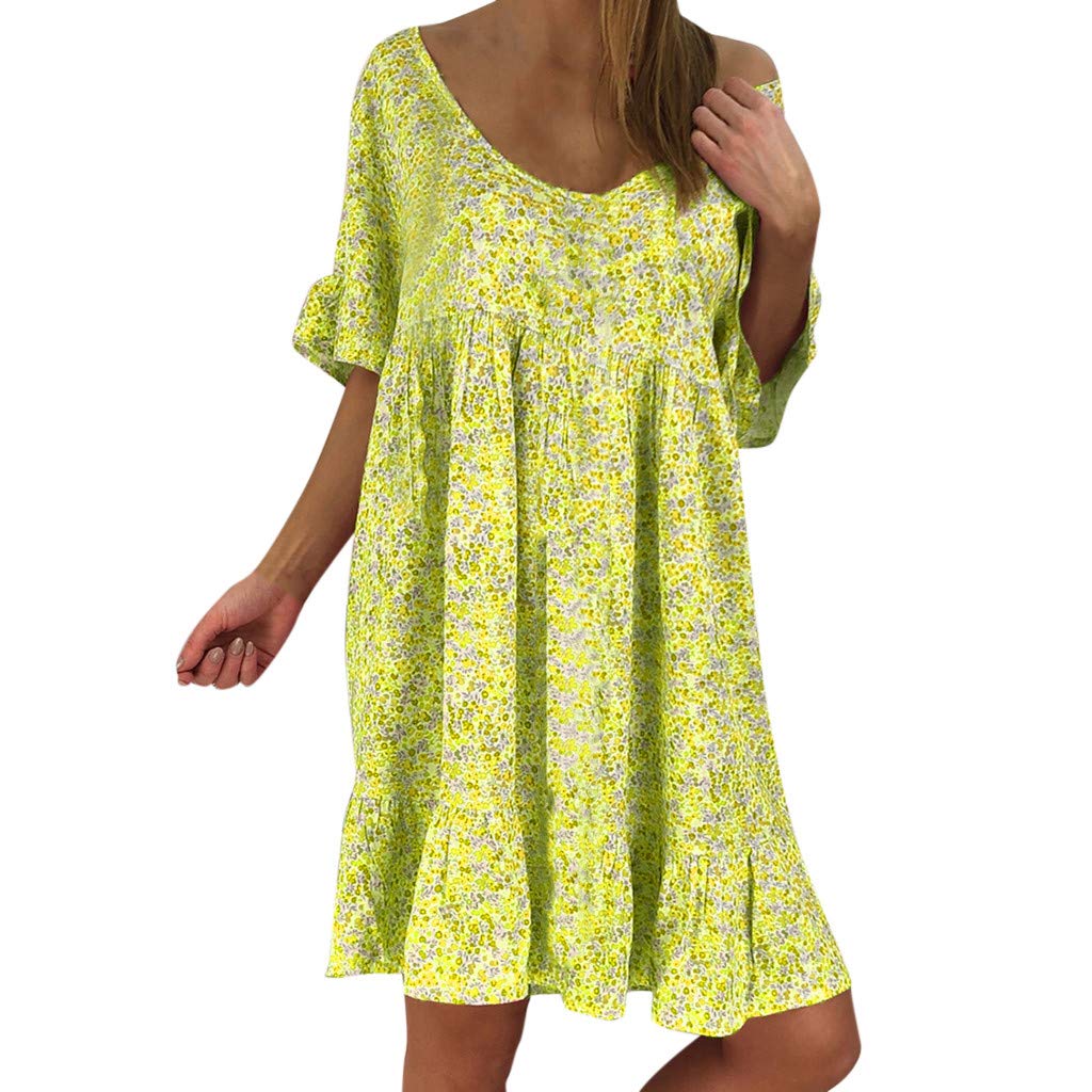 Women's Sexy Loose Print Half Sleeve Ruffles Mini Dress - Summer Floral Sundress for Beach, Party & Casual Wear