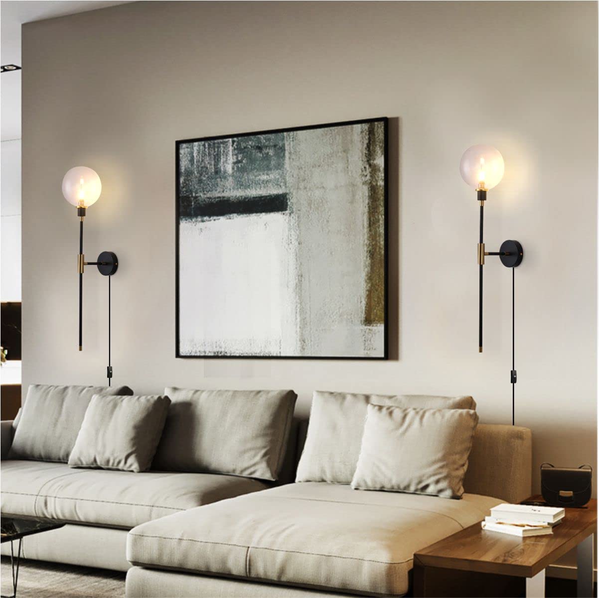 KCO 1-Light Plug in Wall Sconce with On/Off Switch - Black Modern Wall Mounted Light Fixture with Long Arm & Glass Globe Shade - Bedroom, Living Room, Kitchen, Hallway Lighting (Clear, 2-Pack) - Perfect for Ambient Lighting & Home Decor