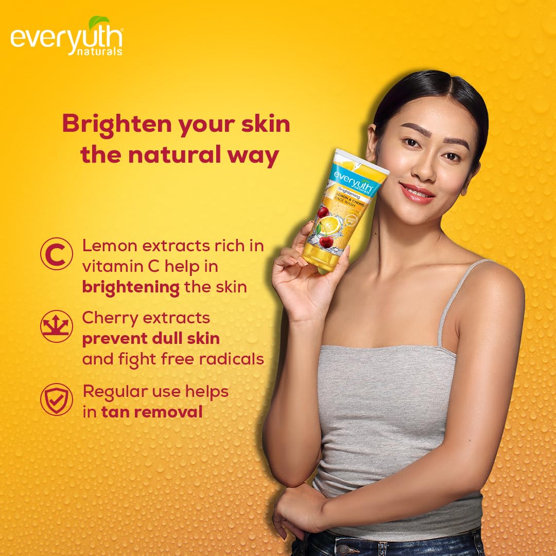 Everyuth Naturals Brightening Lemon & Cherry Face Wash for All Skin Types - Deep Cleansing, Oil Control & Tan Reduction, Removes Dirt & Oil, 100% Soap-Free & Paraben-Free (150g) - Perfect for Daily Skincare Routine & Glowing Skin