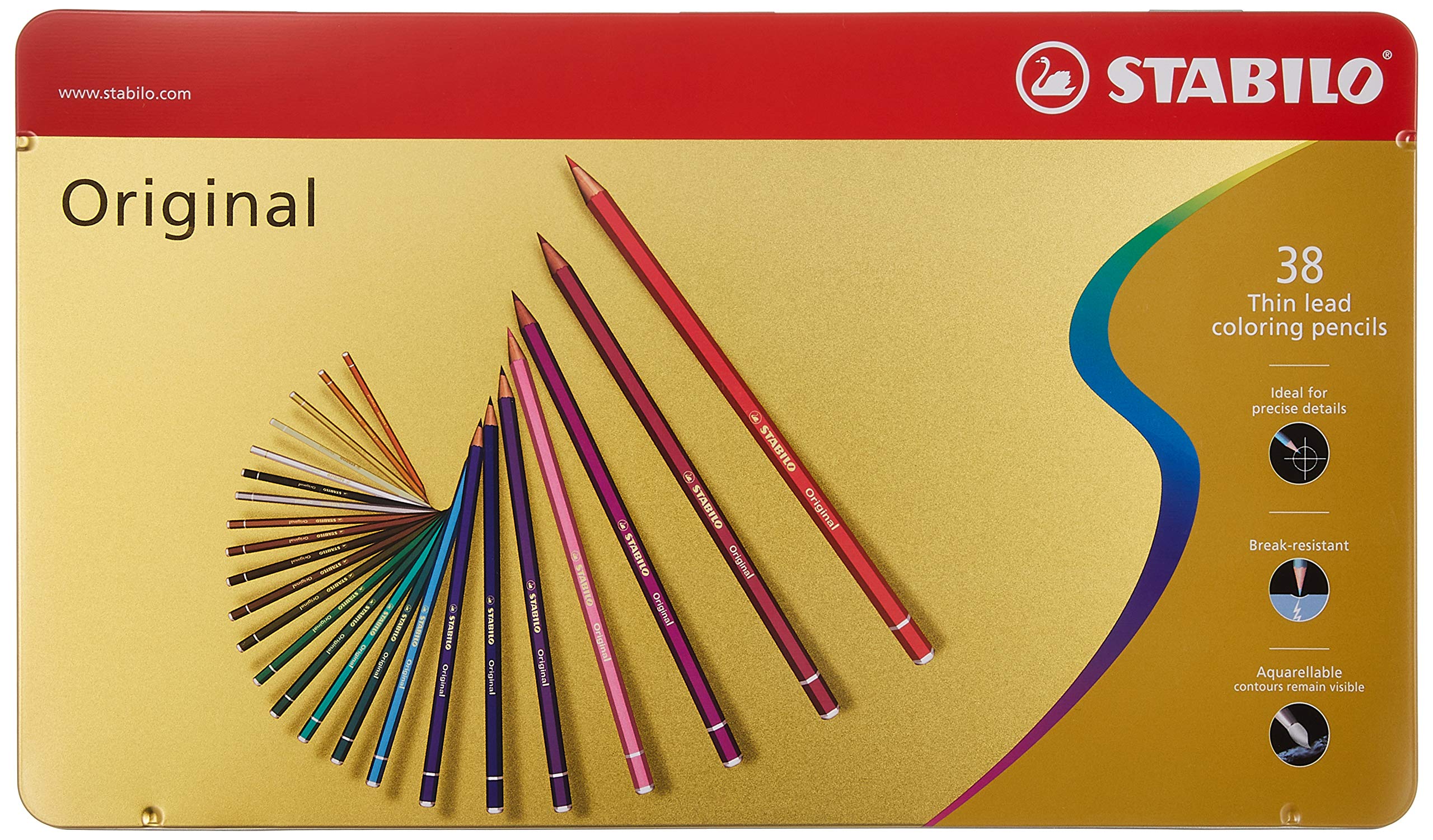 STABILO Premium Colored Pencils Set - 38 Vibrant Assorted Colors in Original Tin Box | Ideal for Adult Coloring Books, Art Projects & School Supplies