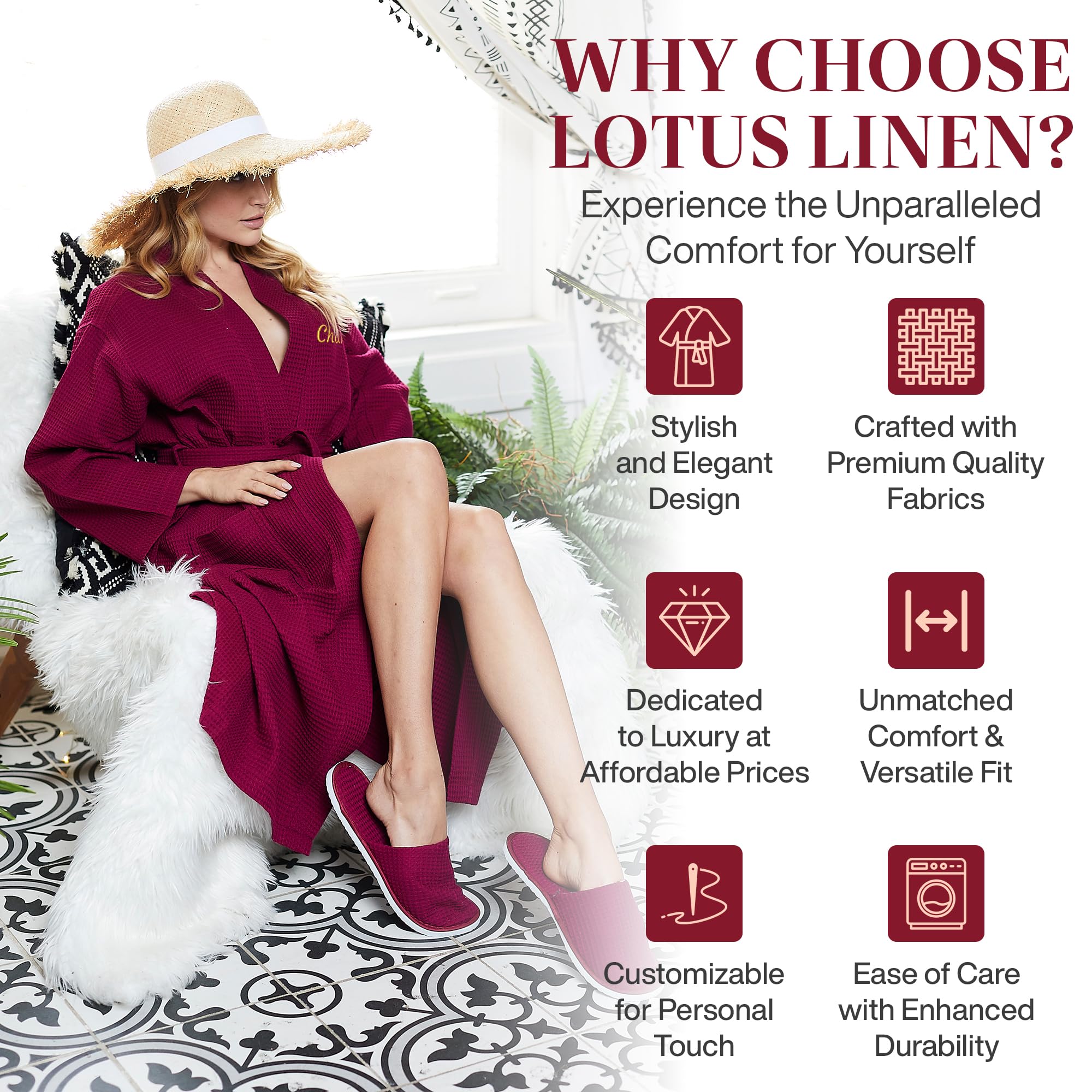 Lotus Linen Women's Lightweight Waffle Weave Robe - Soft Long Cotton Bathrobe & Kimono Spa Robe for Relaxation, Bathing, and Lounging at Home