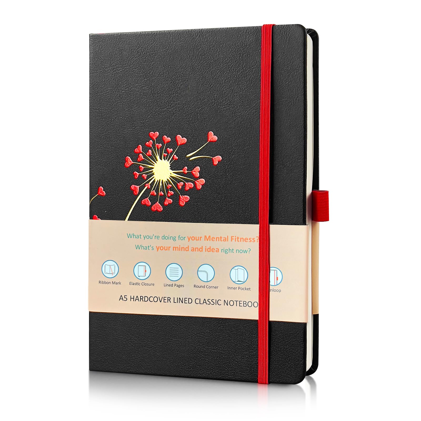 Premium Lined Black Journal Notebook - 192 Pages A5 Hardcover with Thick Paper, Pen Loop & Pocket - Perfect for Travel, Business, Work & School - College Ruled Writing Notebook for Women & Men - 5.6