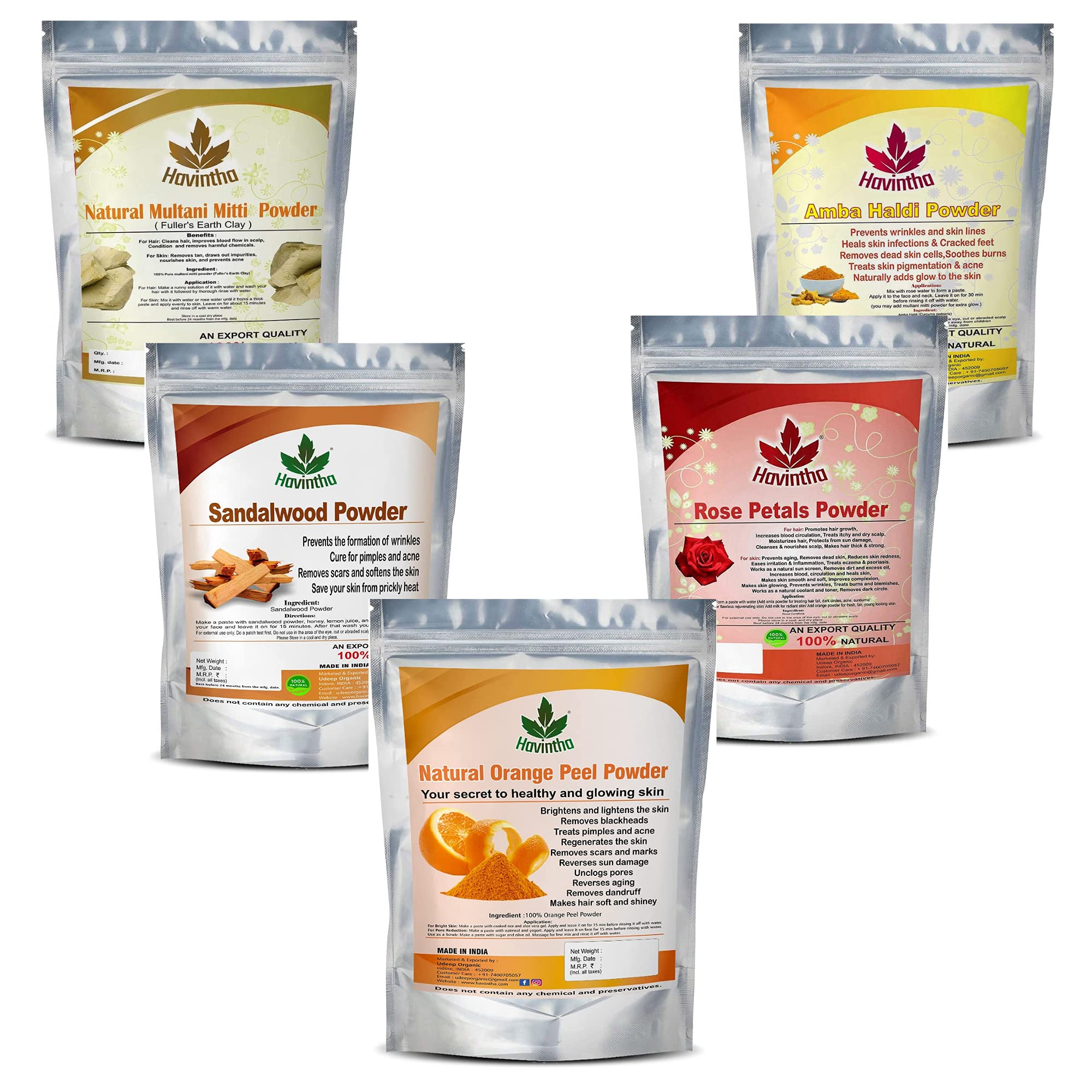 **Havintha Natural Face Pack Combo - Multani Mitti, Sandalwood, Orange Peel, Rose Petal & Amba Haldi Powder (50g Each) for Healthy, Glowing Skin - DIY Skincare & Spa Treatment at Home**