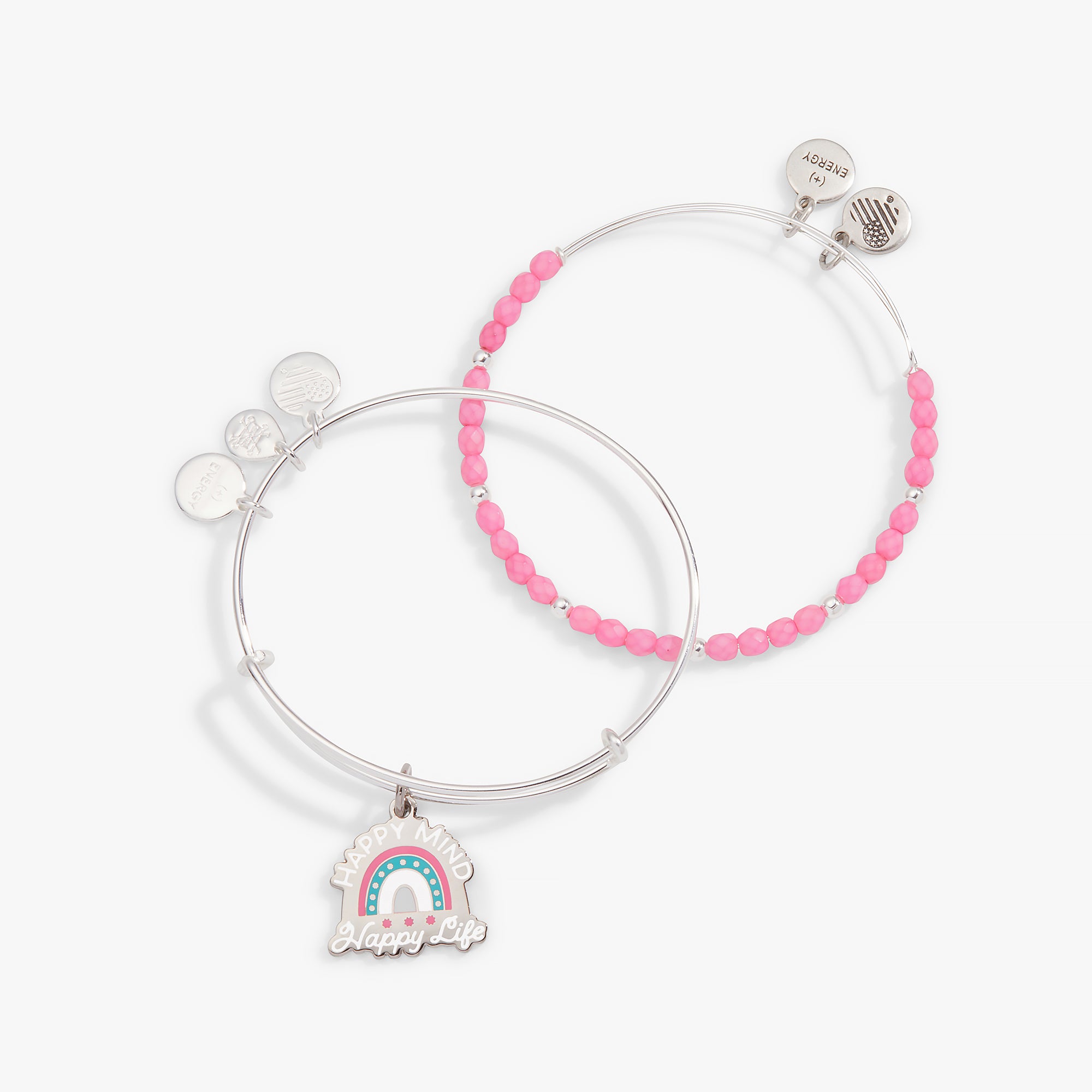 Happy Mind Happy Life Inspirational Charm Bangle Set of 2 - Motivational Jewelry for Women, Positive Affirmation Bracelet for Daily Wear, Meditation & Yoga Accessory