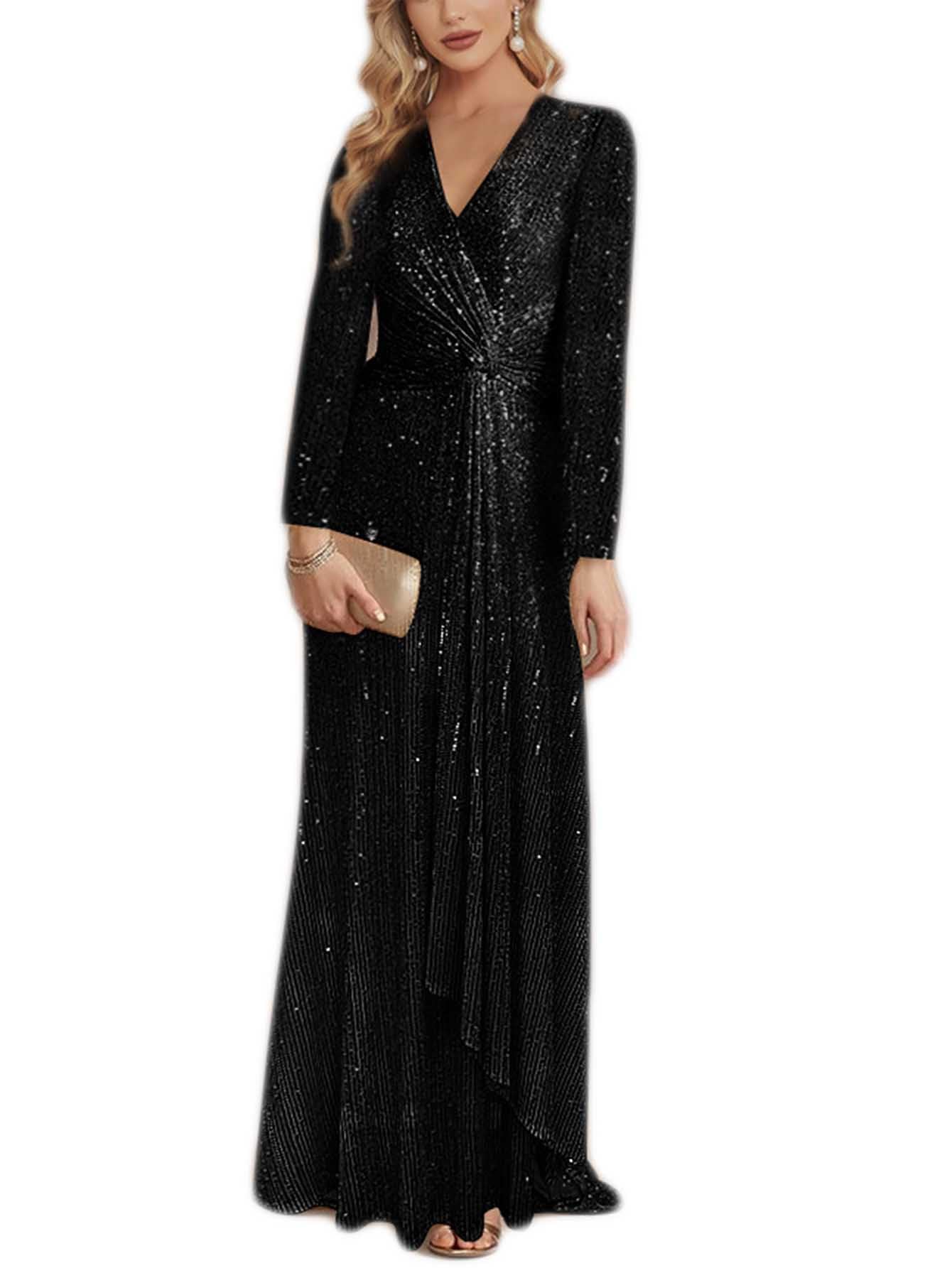 Elegant Long Sleeve Sequin Evening Gown for Women - Sparkly V-Neck Formal Maxi Dress for Prom, Wedding & Special Occasions