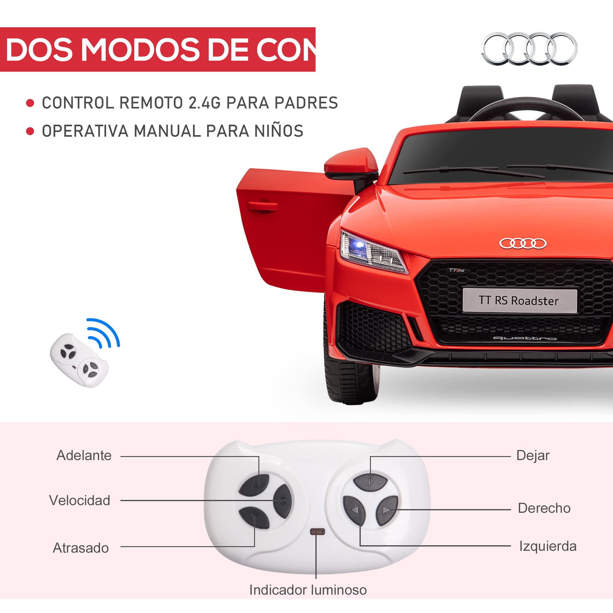 HOMCOM Kids Electric Ride-On Car for 3+ Years Old - 12V Audi TT Style with Remote Control, 3 km/h Speed, Music, Lights & Dual Opening Doors (102x60x44cm, Red) - Perfect for Indoor & Outdoor Play, Birthday Gifts, and Toddler Pretend Driving Fun