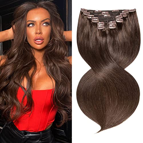 MaxFull 100% Real Human Hair Clip-in Extensions - Chocolate Brown, 7pcs 24inch 110g for Thin Fine Hair | Natural Volume & Length | Perfect for Daily Wear, Parties & Special Occasions