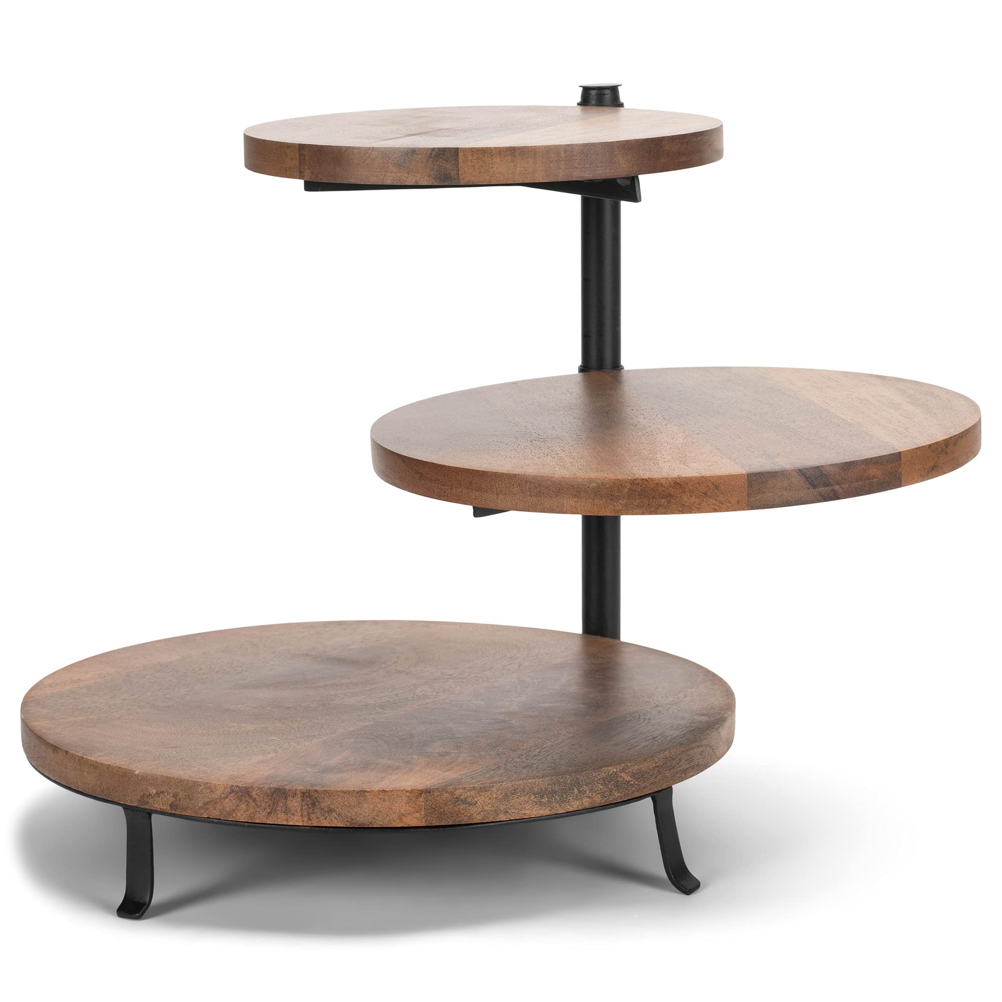 Demdaco 3-Tier Mango Wood & Iron Serving Stand - 12.5 x 13 Inches Rustic Brown Decorative Display Tray for Kitchen, Dining Table, or Party Dessert Presentation