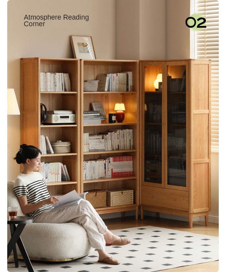 Oak Solid Wood Modern Glass Door Bookcase - Stylish Bookshelf for Living Room, Office & Library - Perfect for Home Decor & Book Storage
