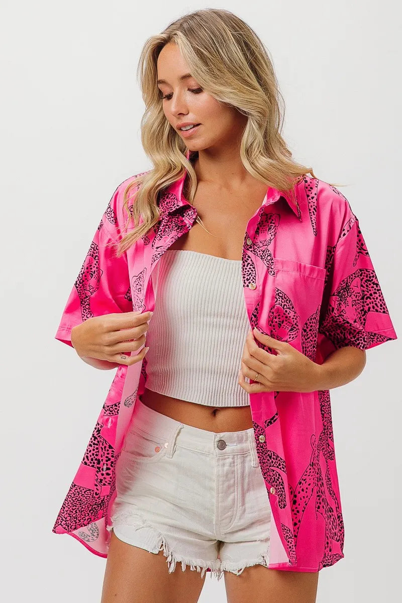 BiBi Leopard Print Short Sleeve Silky Satin Shirt Top for Women - Fashion Blouse for Casual Wear, Night Out & Office Outfits