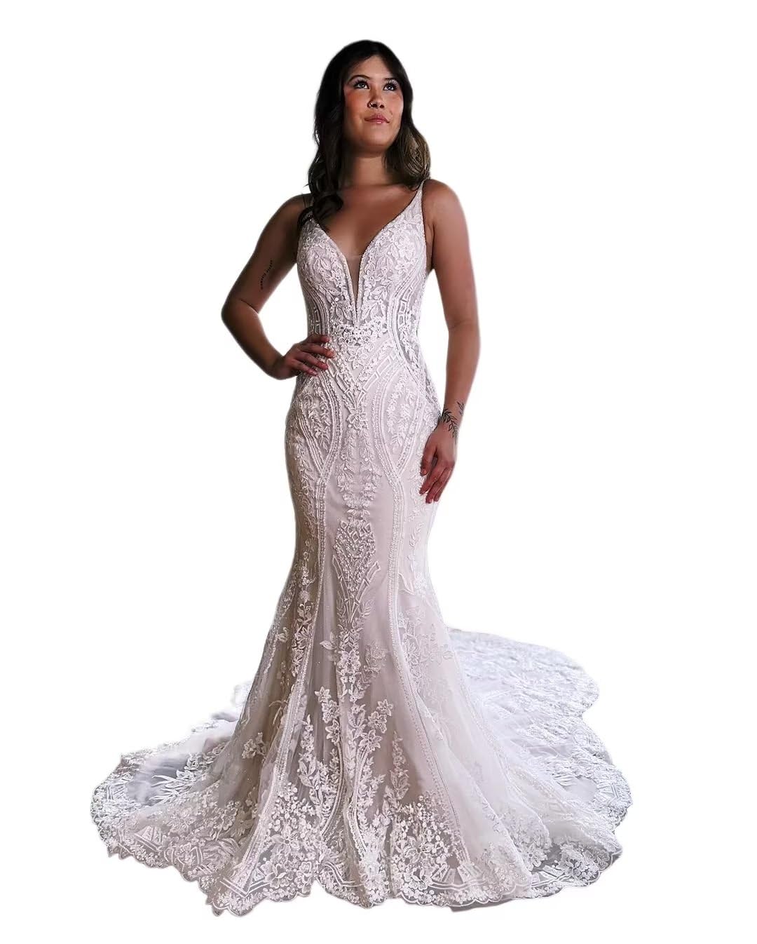 2024 Boho Beach Wedding Dresses for Women - V Neck Lace Applique Spaghetti Strap Bridal Gowns | Perfect for Beach, Garden & Destination Weddings (PU083)